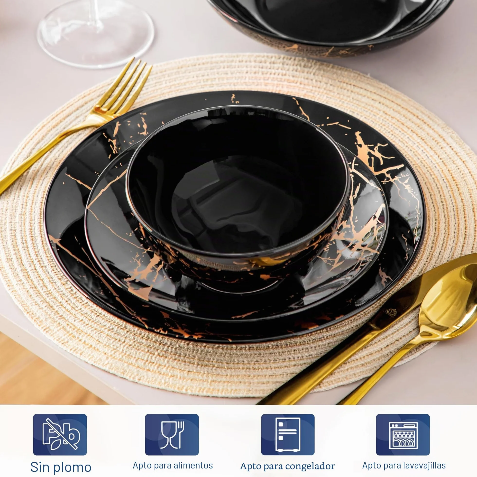 LOVECASA Daphne - Vajillas Completas para 6 Personas, 24 Piezas, Juego de Platos Vajilla Moderna de Porcelana - Cuencos, Platos de Postre, Llanos y Hondos - Diseño Negro y Dorado