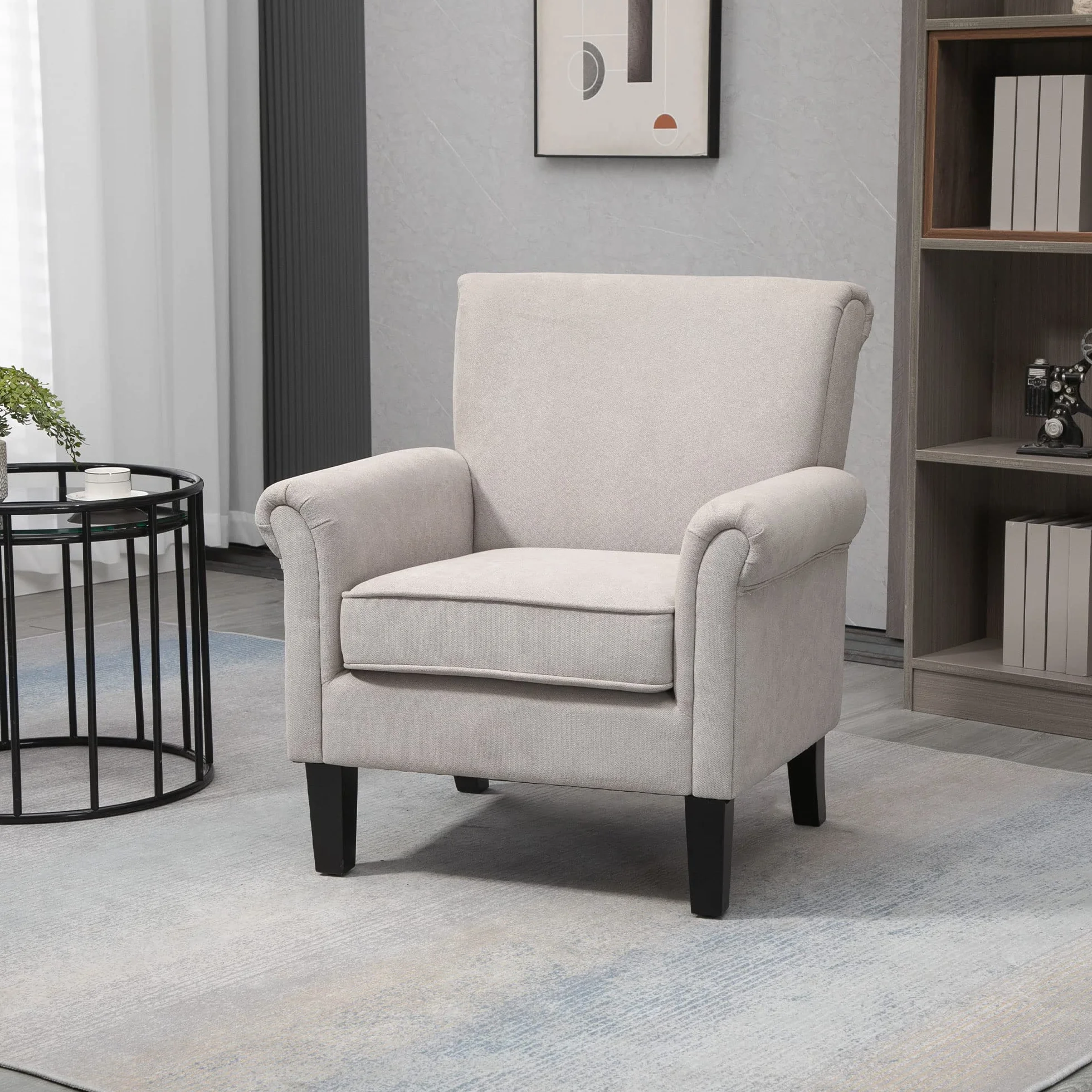 HOMCOM Butaca de Salón Tapizada en Tela, Sillón Relax con Reposabrazos, Asiento Extraíble y Lavable, Patas de Madera, para Dormitorio, Balcón, Estilo Moderno, Carga 150 kg, 79x72,5x88 cm, Gris