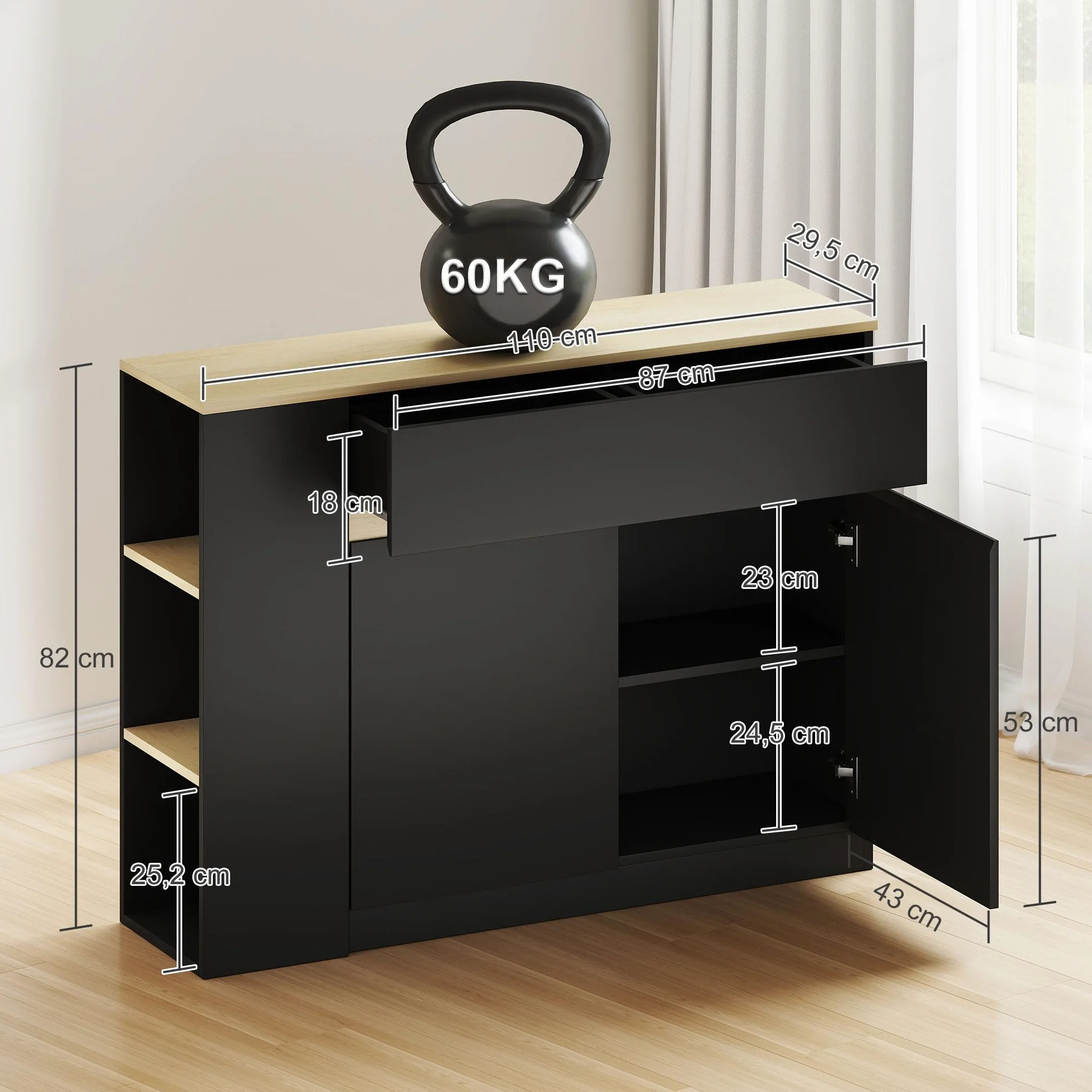 HOMCOM Aparador de Cocina, Armario de Cocina Estrech con 2 Cajones, 3 Estantes Abiertos, 2 Puertas, Estante Ajustable, Aparador Nórdico para Comedor, 110x29,5x82 cm, Negro