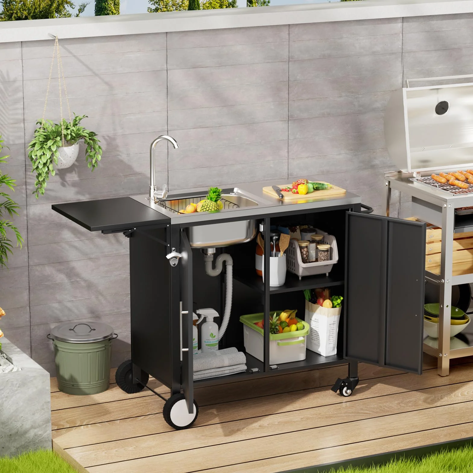 Carrito de barbacoa enrollable con fregadero y encimera plegable, isla de cocina con armario de almacenamiento de acero inoxidable 304 para jardín, terraza y césped