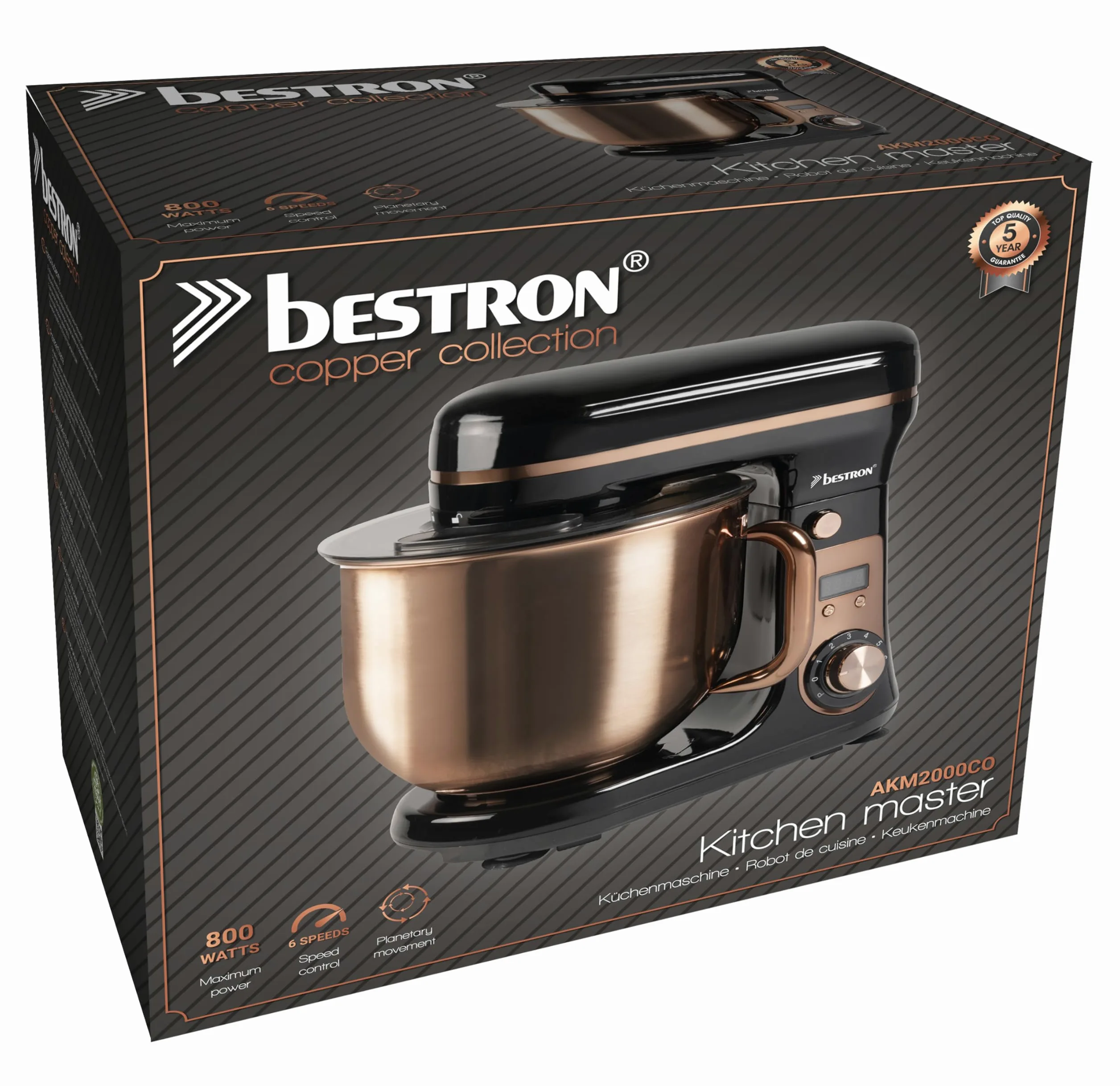 Bestron - Robot pastelero (65 dB), robot de cocina 4 en 1, cuenco de 6 litros, incluido gancho amasador, batidor y batidor plano, 6 velocidades + función Pulse, Cobre