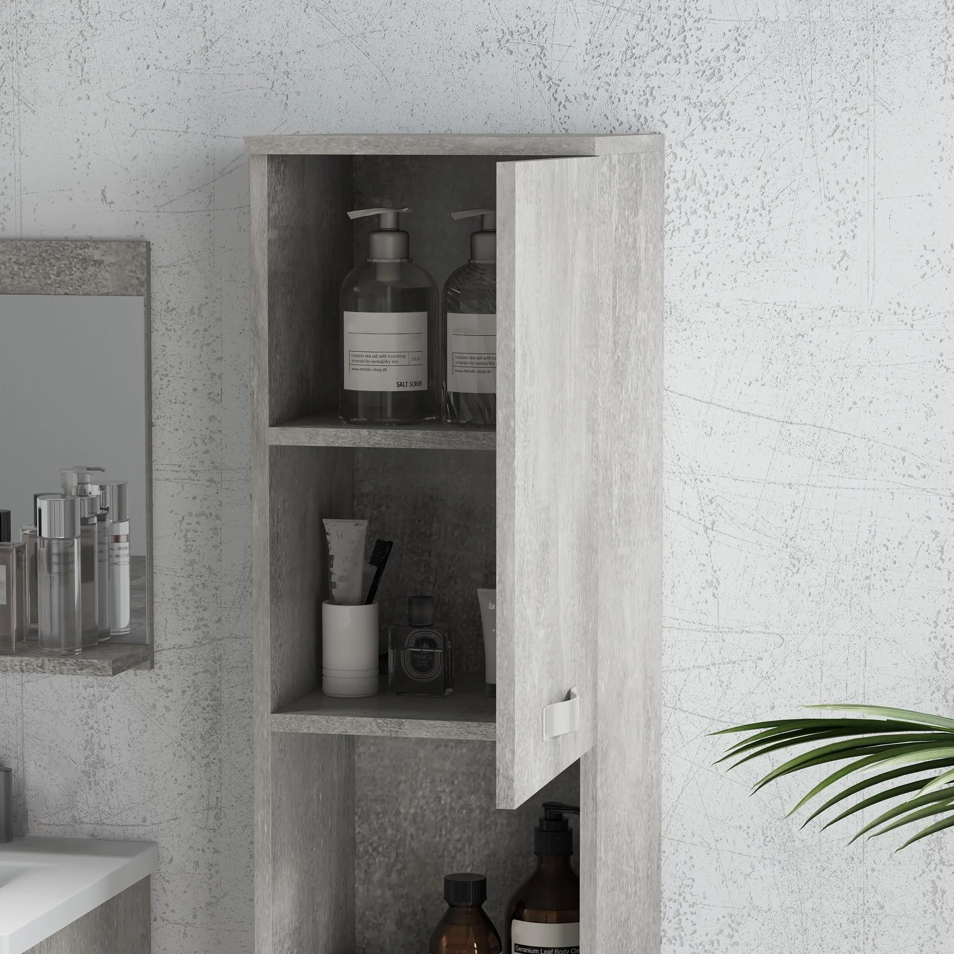 kleankin Conjunto de Muebles de Baño de Pared de 3 Piezas, Incluye Espejo, Mueble de Baño con Lavabo Cerámico, Armario Alto con Estantes Ajustables, Estilo Moderno, Gris