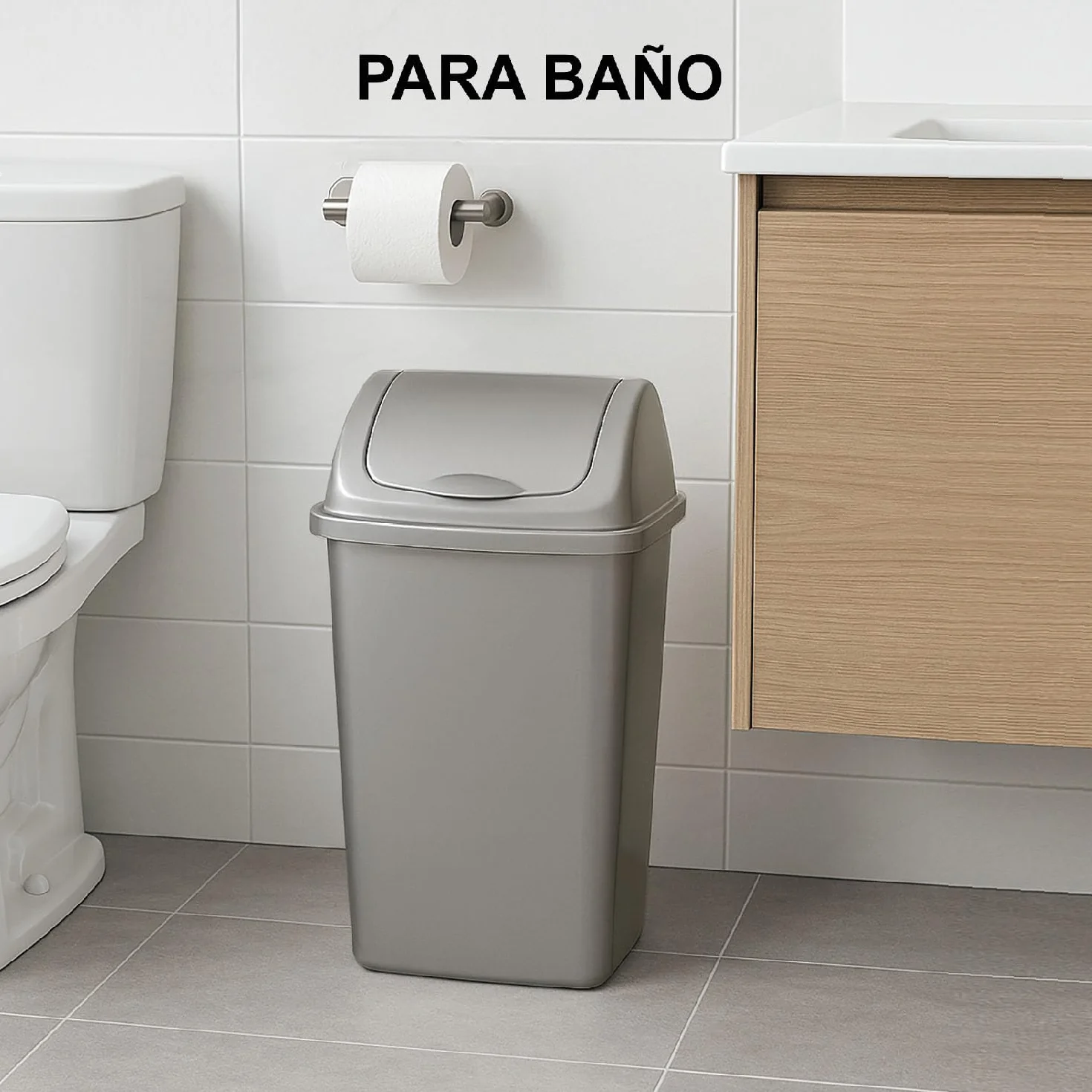TIENDA EURASIA - Papelera con Tapa Basculante, Cubo de Basura 50 Litros, Papelera para Baño, Oficina, Cocina, Cubo Basura Tamaño 40 x 35 x 68 cm (Plata)