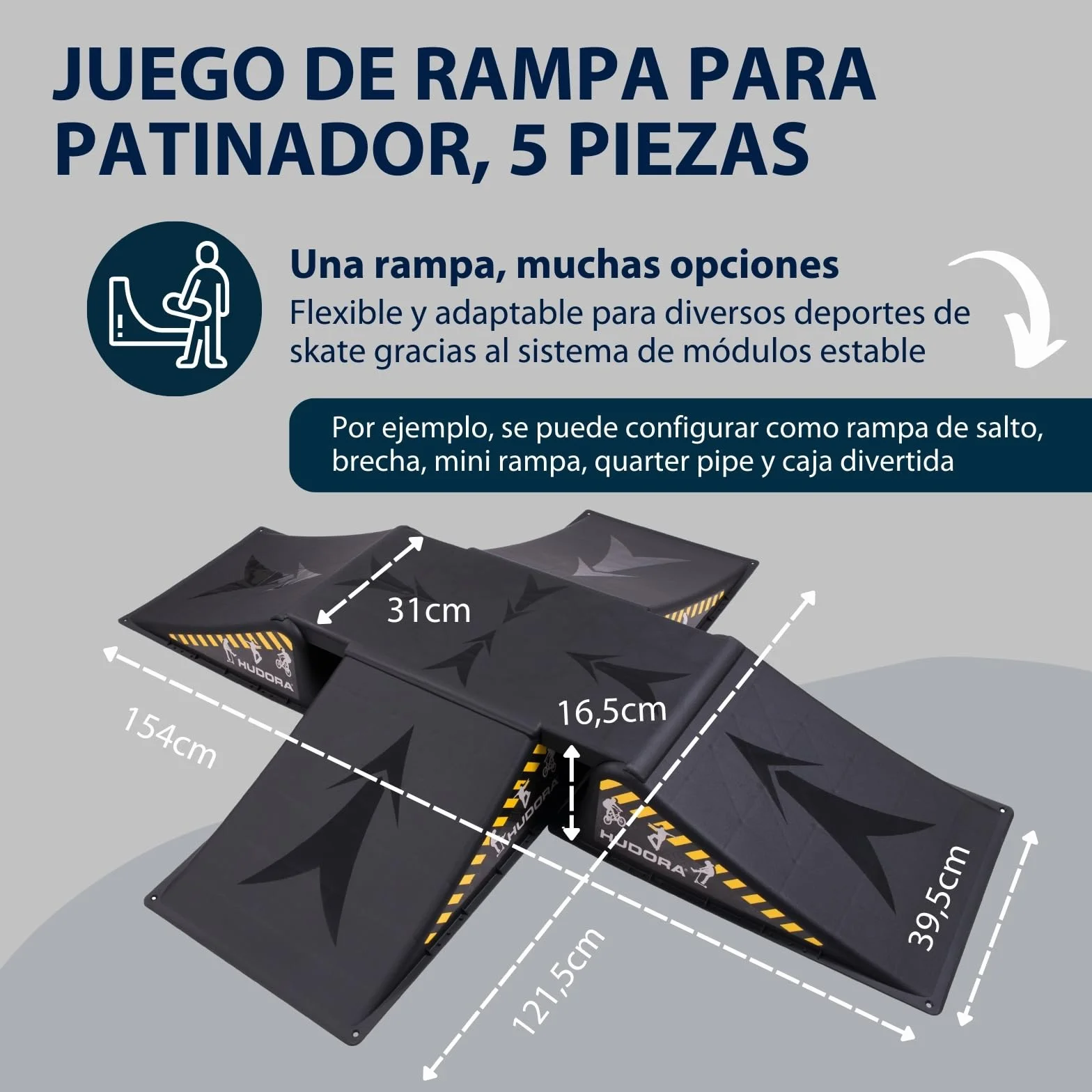 HUDORA Rampa de Skate 3/5 Piezas Mini Rampa de Plástico para Niños hasta 60/80kg