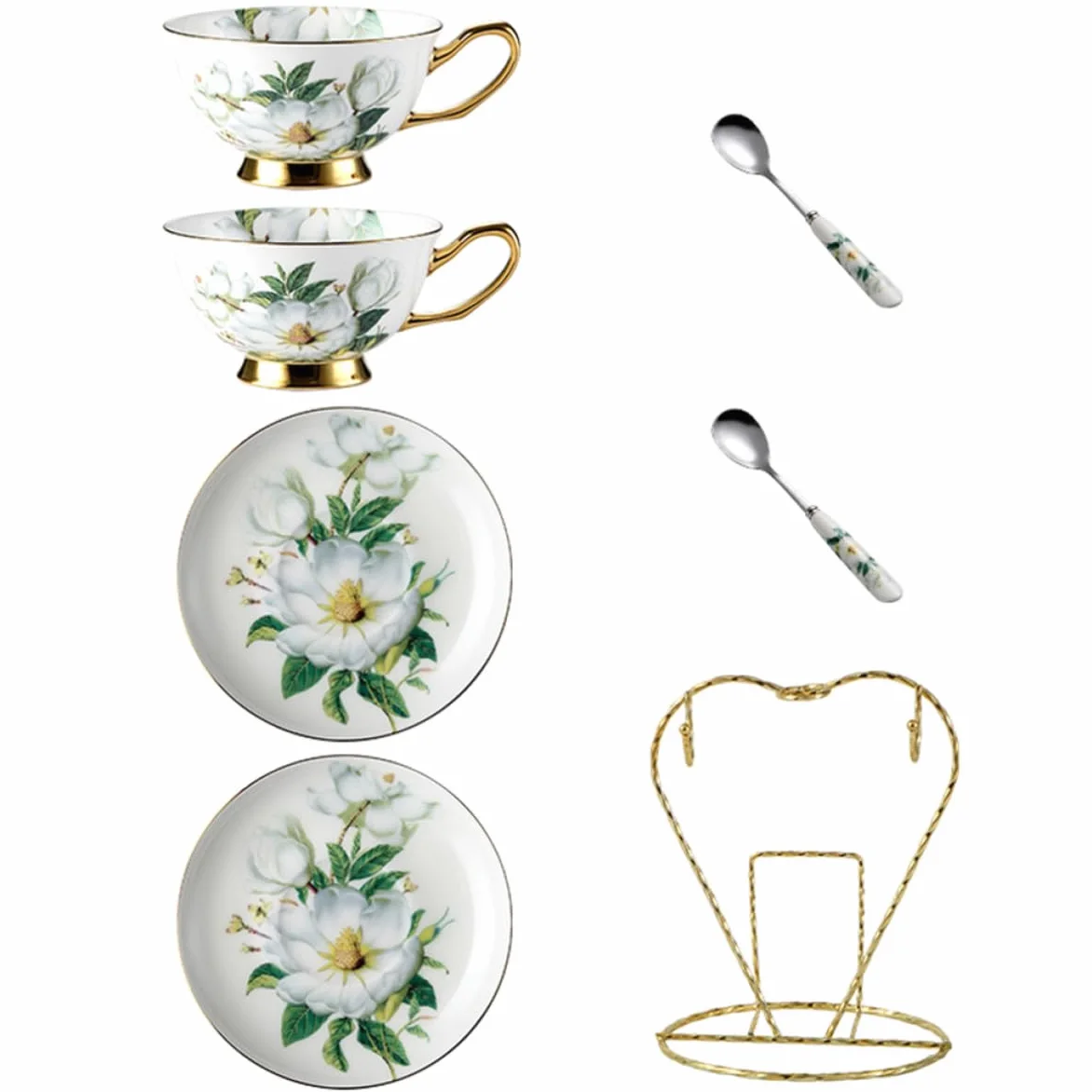 BESTOYARD Juego de Taza de Café de Cerámica Platillo y Cuchara, Diseño Europeo Borde Dorado, Fácil de Limpiar y Uso Prolongado para Té y Café