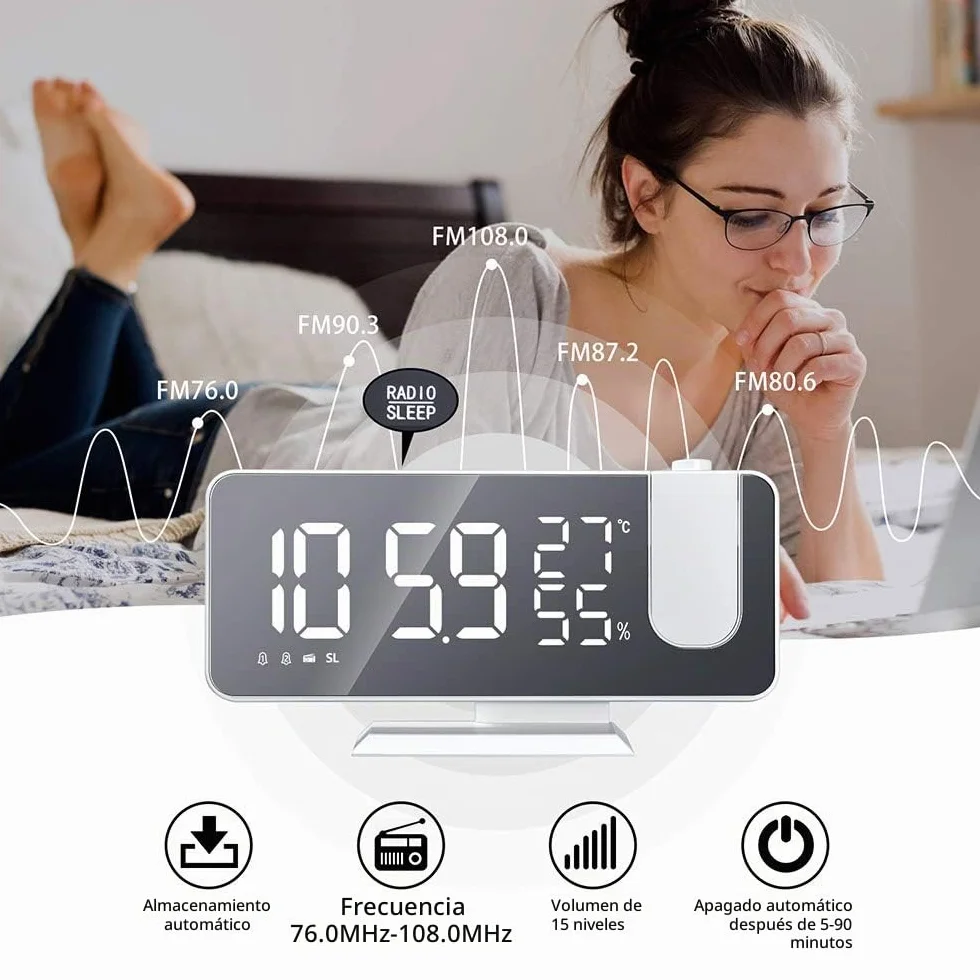 Despertador de proyección, Despertador Digital LED con Superficie de Espejo, Puerto de Carga USB, repetición, Doble Alarma, Radio FM, Modo de 3 atenuaciones, Humedad de Temperatura, Ajuste