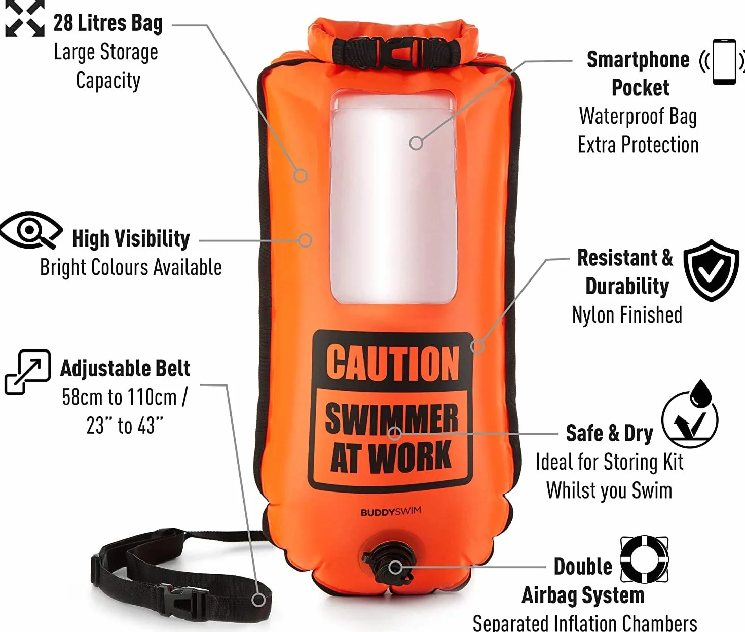 Boya Natacion Aguas Abiertas 28 litros Bolsa estanca Impermeable Incluye Funda Estanca Movil Naranja