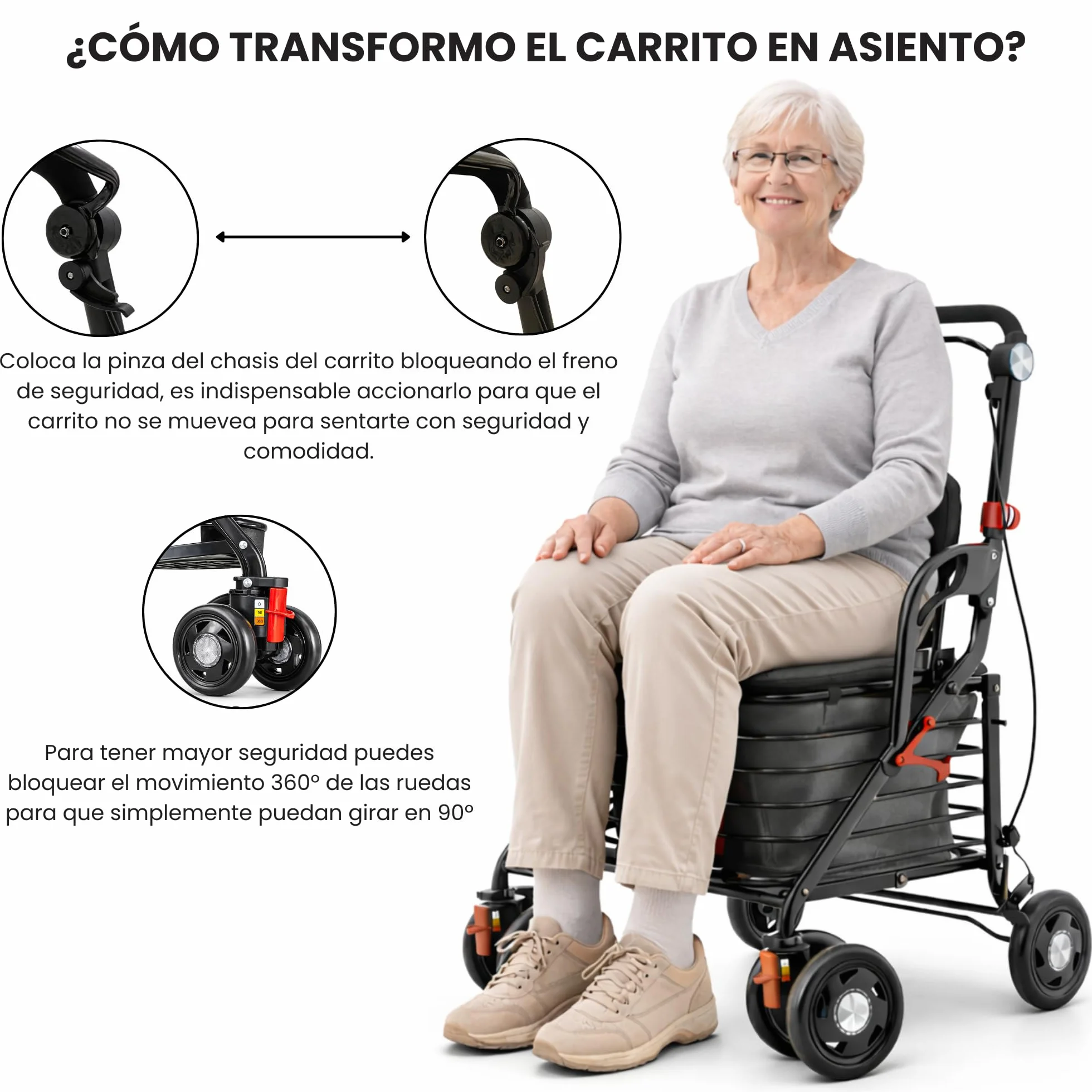 GARMOL Carro de Compra Relax con Asiento Acolchado 30L | Plegable, con Freno de Mano y Seguridad, Asa Regulable | Ideal para Personas Mayores hasta 120 kg (Gris)