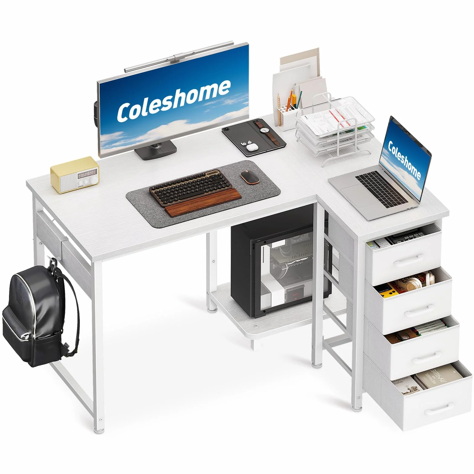 Coleshome Escritorio Esquinero con 4 Cajones de Tela, 100x70cm Escritorio en L Reversible con Almacenamiento y Estanteria, Mesa Escritorio para Oficina en Casa y Dormitorio, Blanco