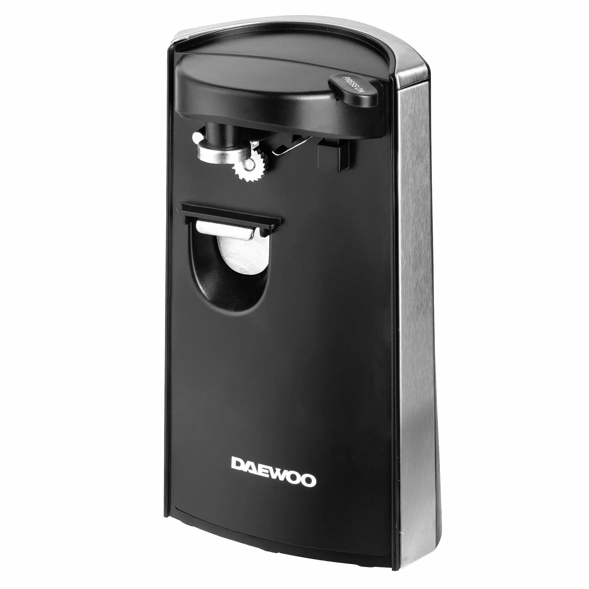 Daewoo Abrelatas eléctrico SDA2313 Abrebotellas multifunción para cuchillos, manos libres, 60 W, negro y plateado
