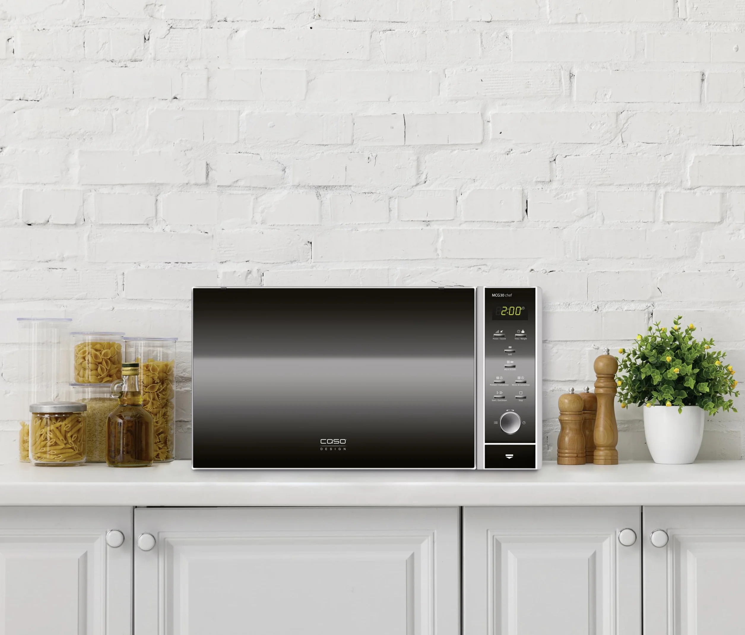 CASO MCG 30 Chef - microondas 3 en 1 de 900W con grill de 1250W y aire caliente de 2200W - Capacidad de 30L - Plato giratorio Ø 31,5 cm - pantalla digital, frontal espejado - acero inoxidable y negro