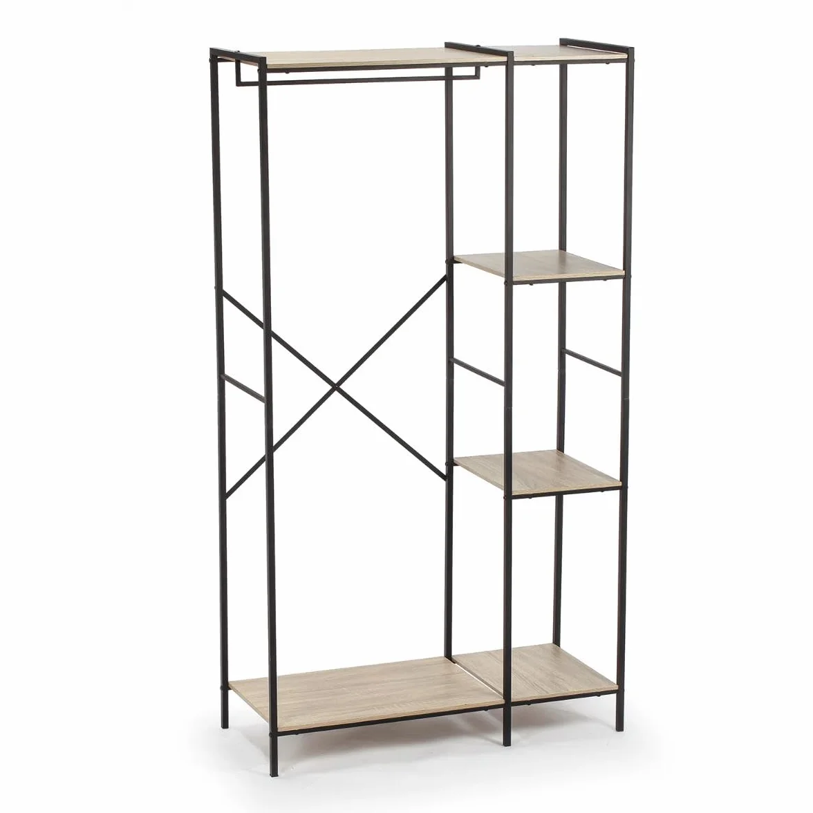 Perchero Con Estanterías Acero y Madera Moa de Hierro 90x40x165cm | Negro, Hierro, 90x40x165cm