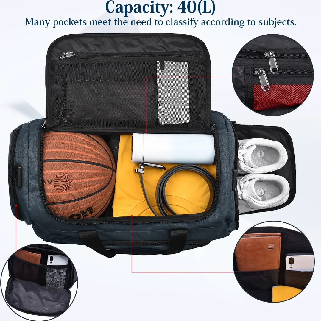 NUBILY - Bolsa de Deporte para Hombre, Bolsa de Viaje, con Compartimento para Zapatos, Gran Capacidad, Impermeable, Weekender, Bolsa de Gimnasio, para Hombres, Mujeres, Bolso de Mano, 40 l