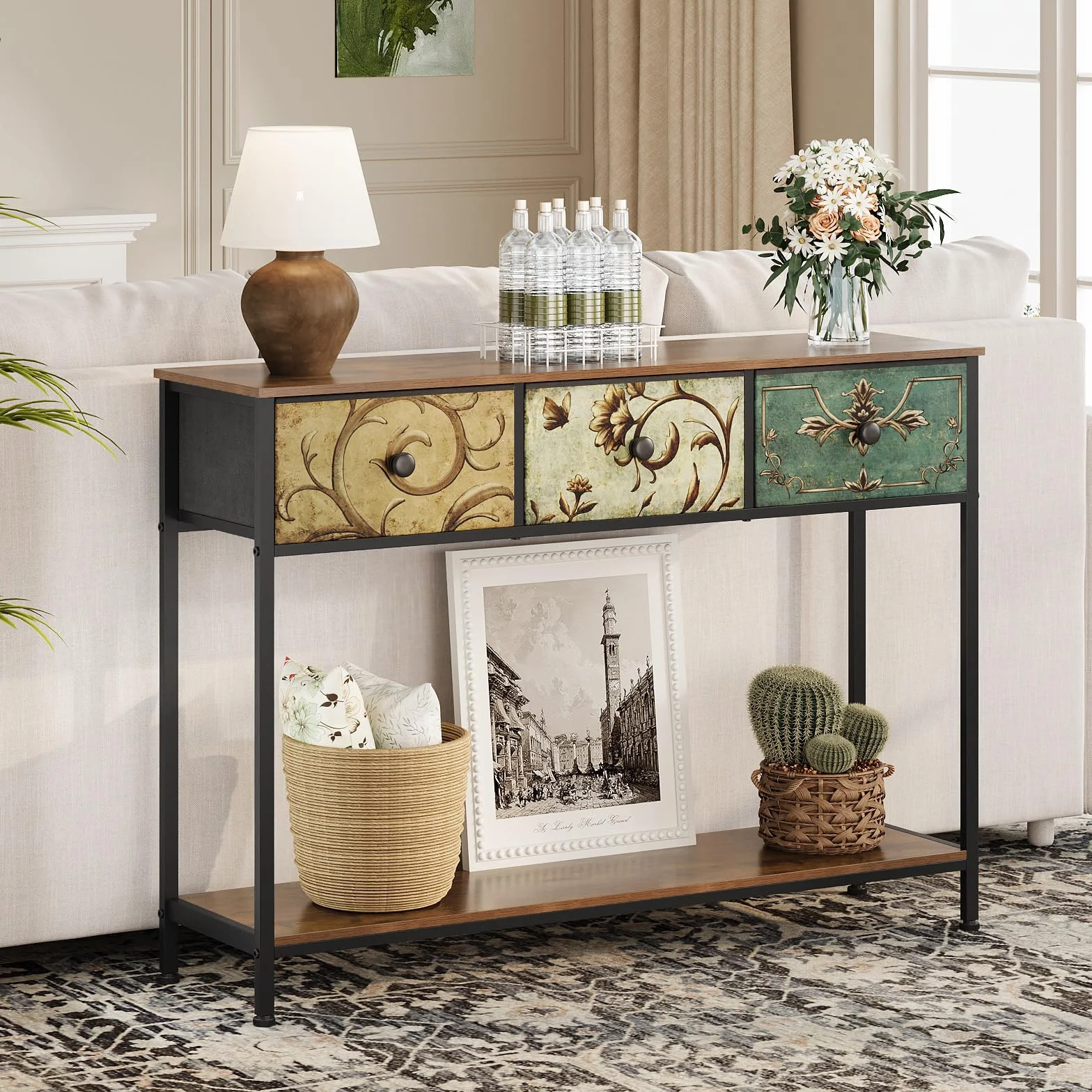 VEDECASA Mesa consola mesa auxiliar con 3 cajones de tela, mesa de pasillo con estantes de almacenamiento abiertos, mesa de entrada, mesa de sofá para pasillo, salón, dormitorio, madera, marco de