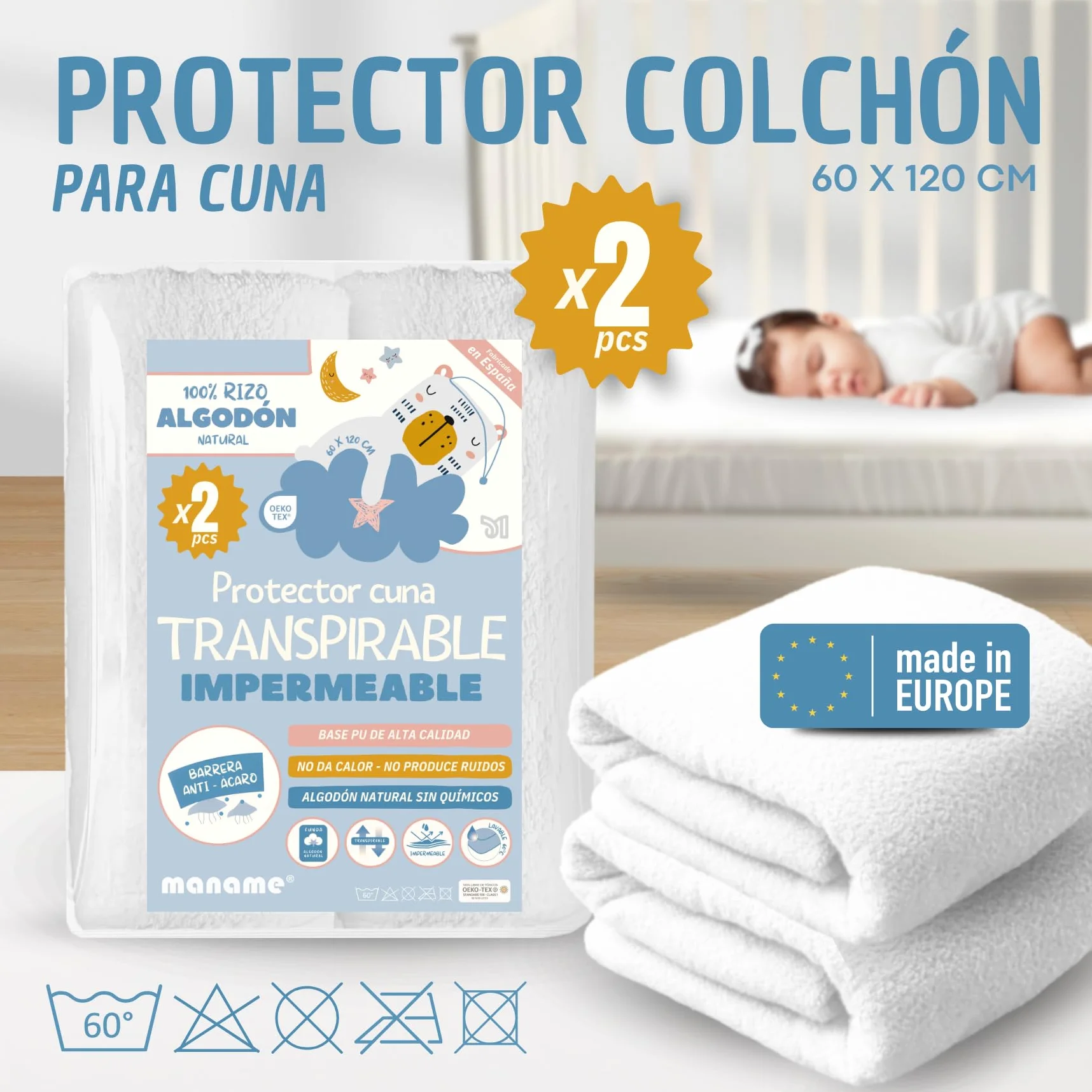2 Protectores Colchón Cuna 100% Algodón 60x120 Impermeable Transpirable Antiácaros – Protector Cubre Colchon Cuna Ajustable Certificado OekoTEX y BI-OME® Technology- Funda Protectora Hecha En España