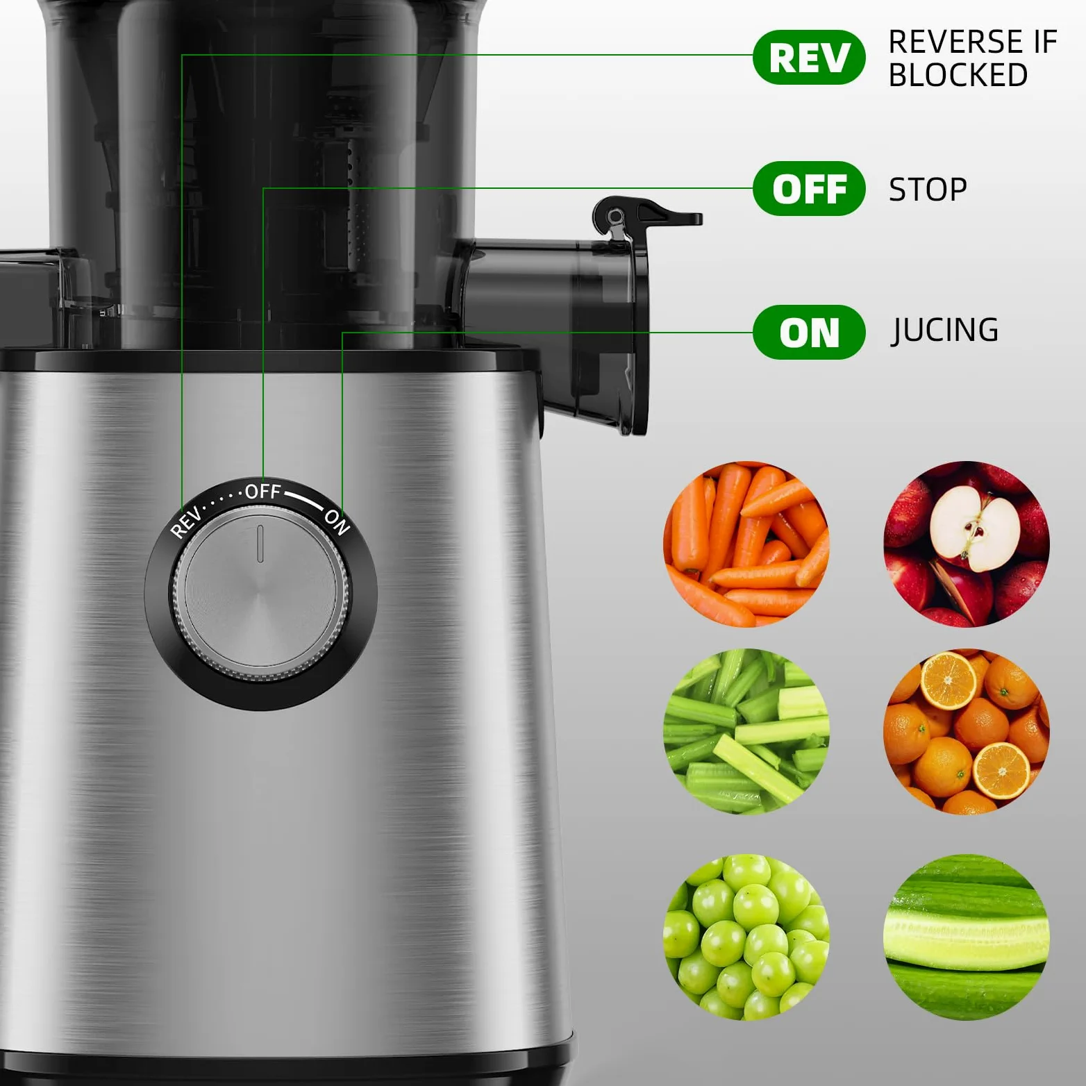 Exprimidor de prensa en frío con canal de alimentación grande de 110 mm, máquinas exprimidoras masticables para frutas y verduras enteras, exprimidor lento de alimentación automática con bajo ruido