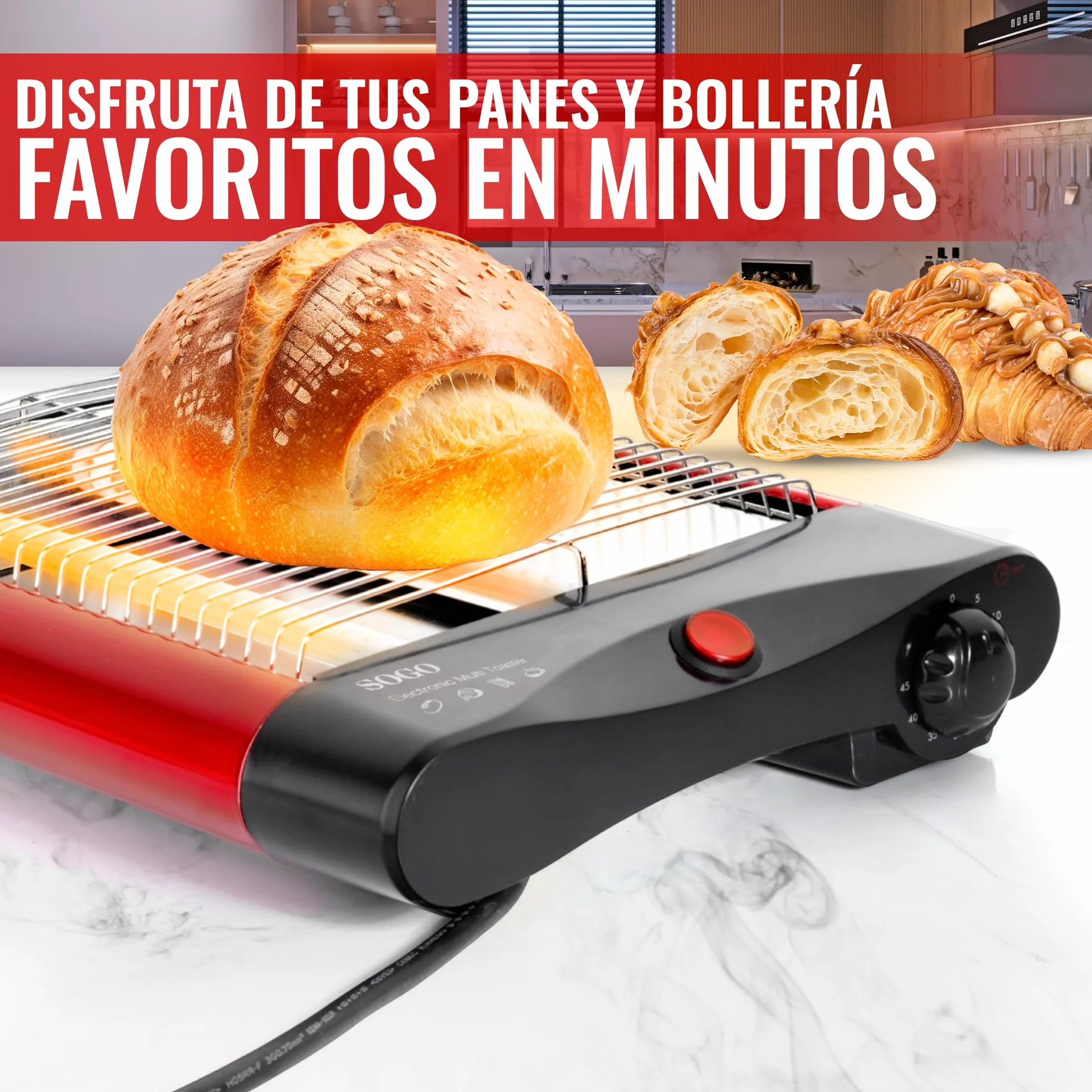 SOGO Tostadora Horizontal para Pan y Bollería – Tostadora Pan Plana con Resistencias de Cuarzo y Temporizador de 5 Minutos – Bandeja Extraíble para Migas e Indicador luminoso