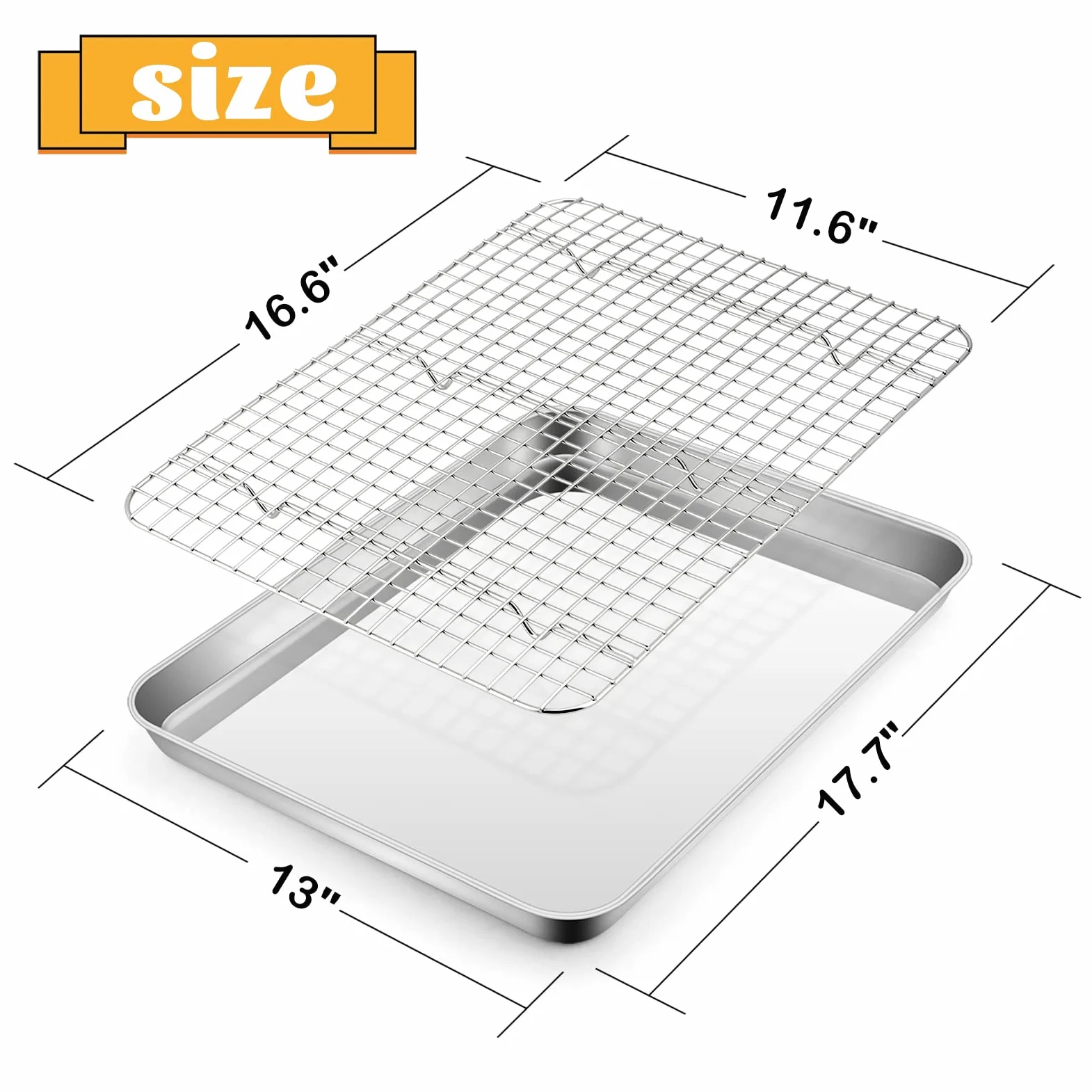 E-far - Bandeja para hornear de media hoja con soporte, bandeja de galletas de 18 x 13 pulgadas para horno, bandeja de acero inoxidable con borde con rejilla de refrigeración de alambre para cocinar,