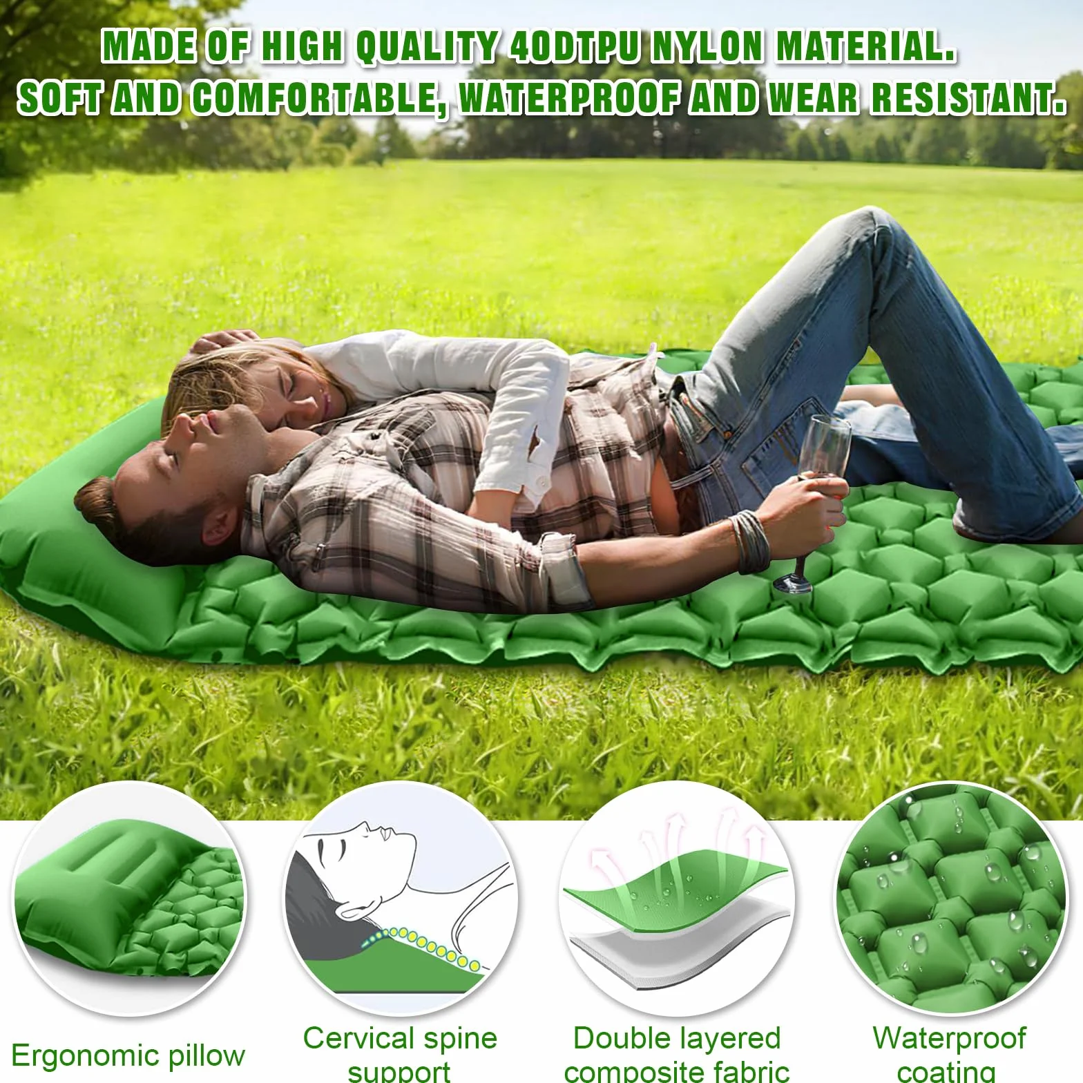 Colchón Autoinflable para Camping Impermeable con Bomba de Pie y Almohada Ultraligera Portátil