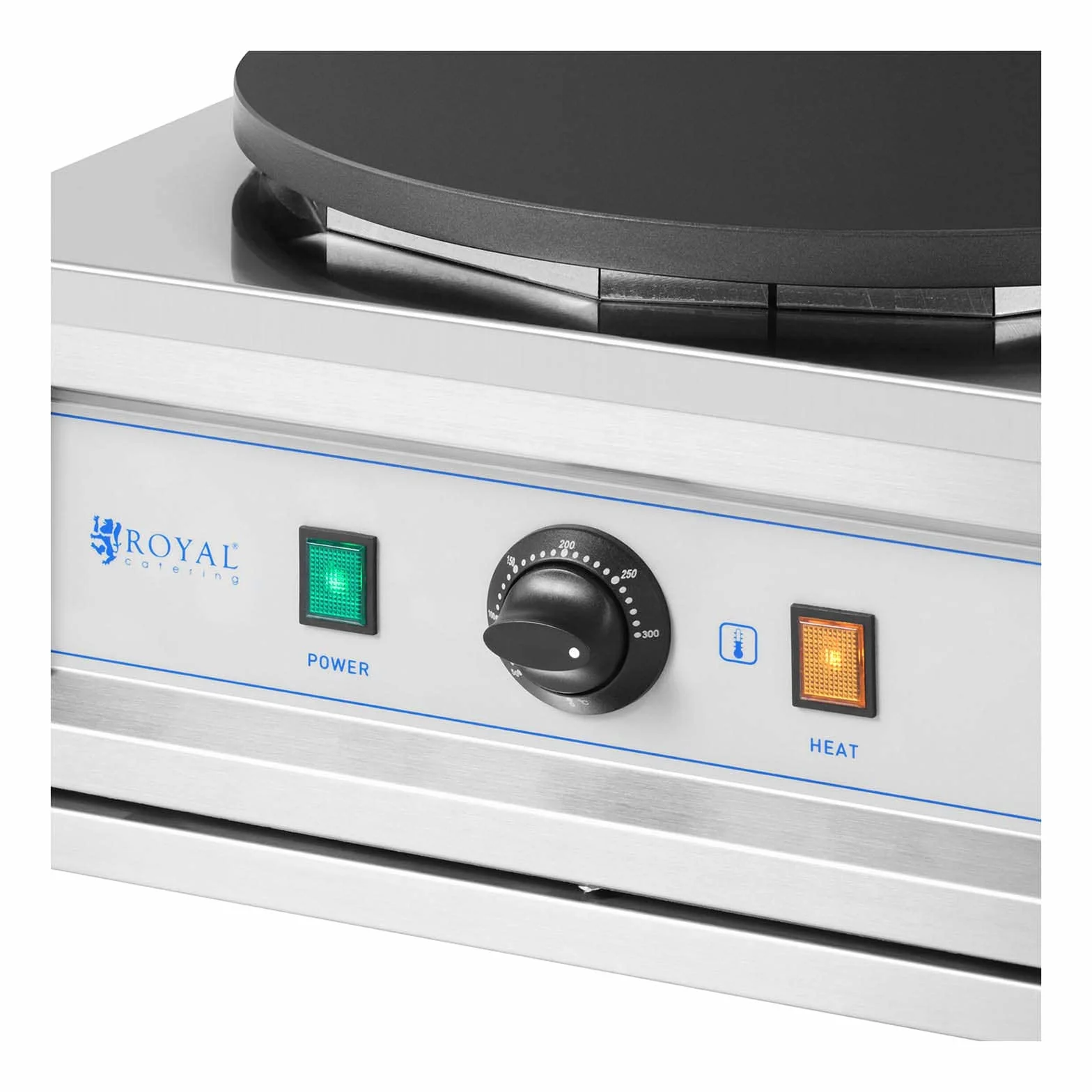 Royal Catering Crepera Máquina de Tortitas RC-CMS01 (Diámetro: 400 mm, 3.000 W, 0-300 °C, Acero inoxidable/hierro fundido revestido de teflón)