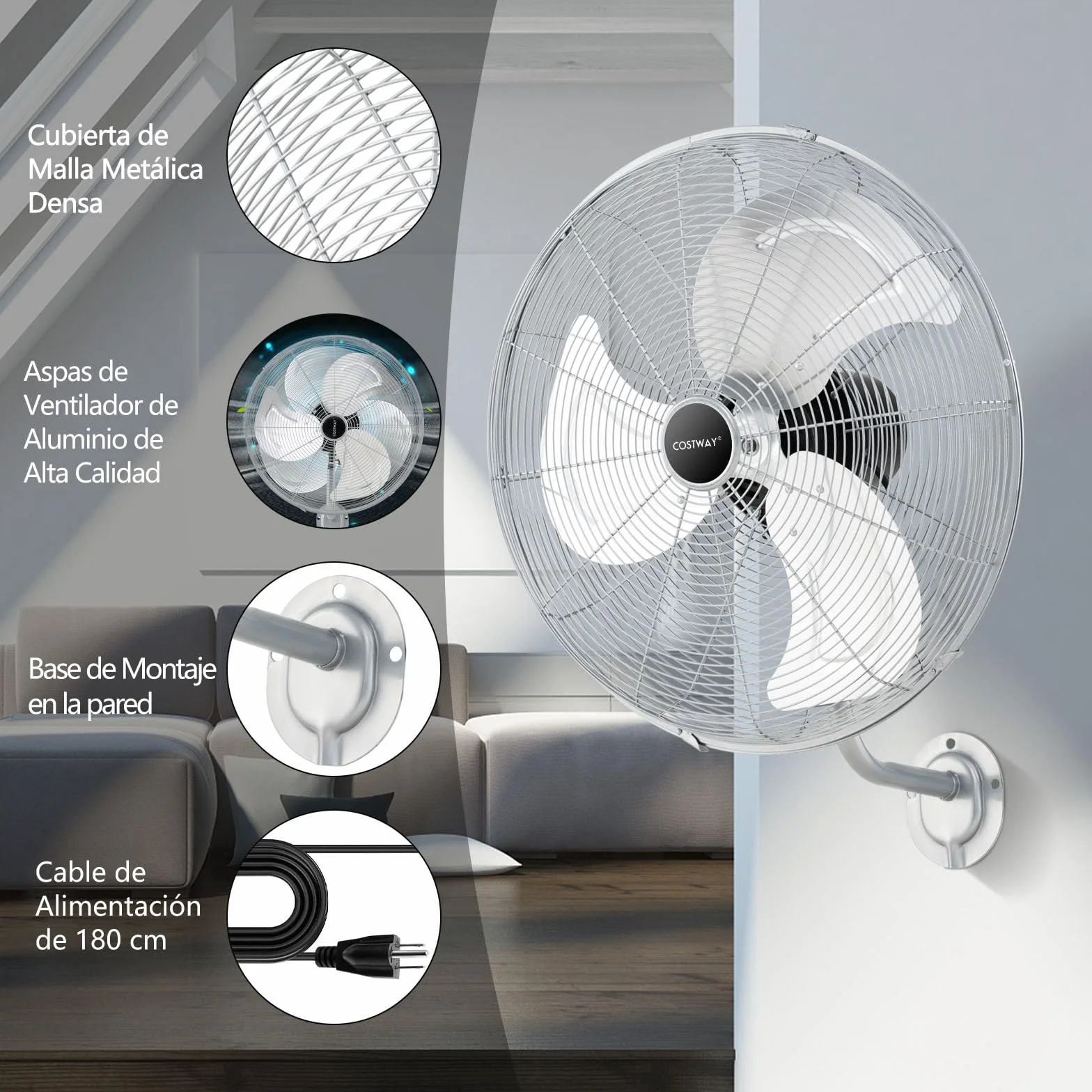 COSTWAY Ventilador Industrial de 120W, Ventilador de Pared Φ55cm con 3 Velocidades, Rotación Horizontal de 85°y Vertical de 30°, 3 Aspas de Aluminio, Metálico para Almacén y Taller (Plata)