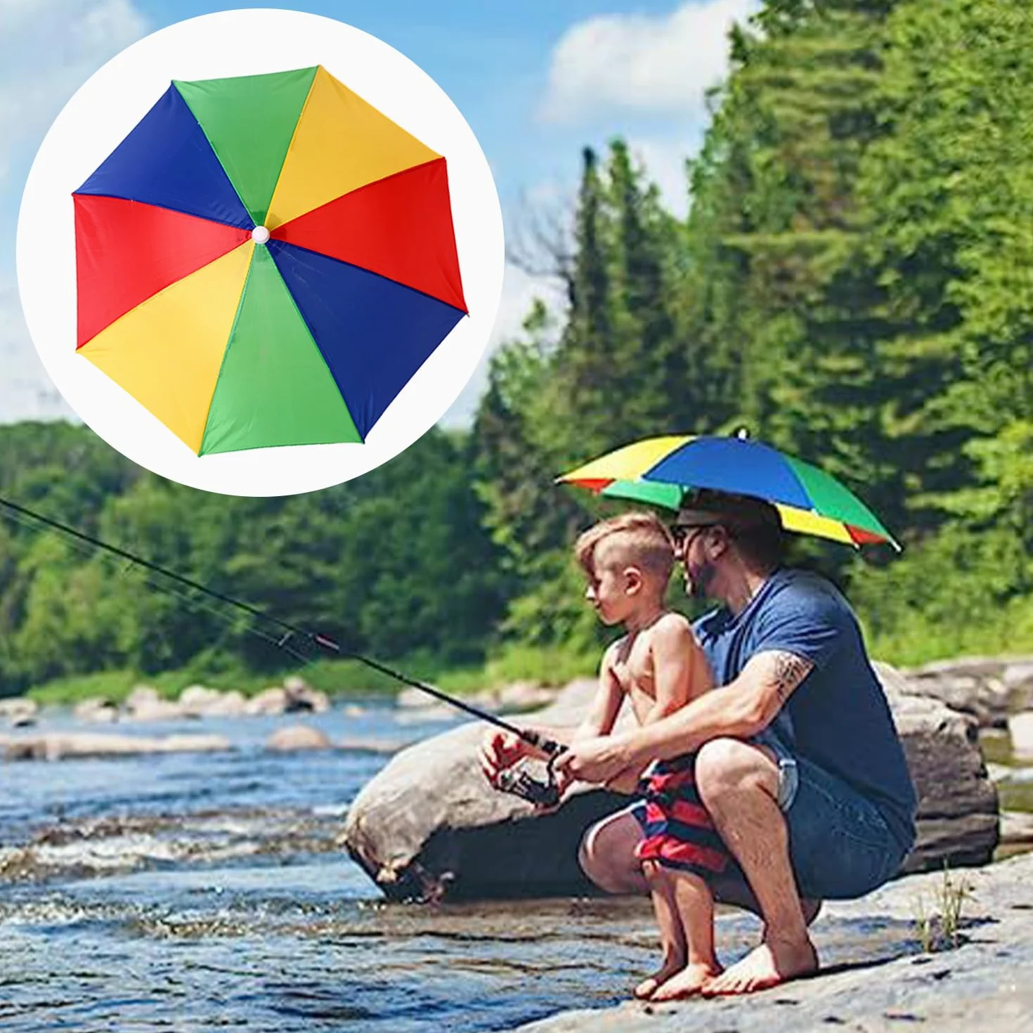 MEMOFYND Paraguas de Pesca Arco Iris Plegable Protección UV 360° Lluvia y Sol