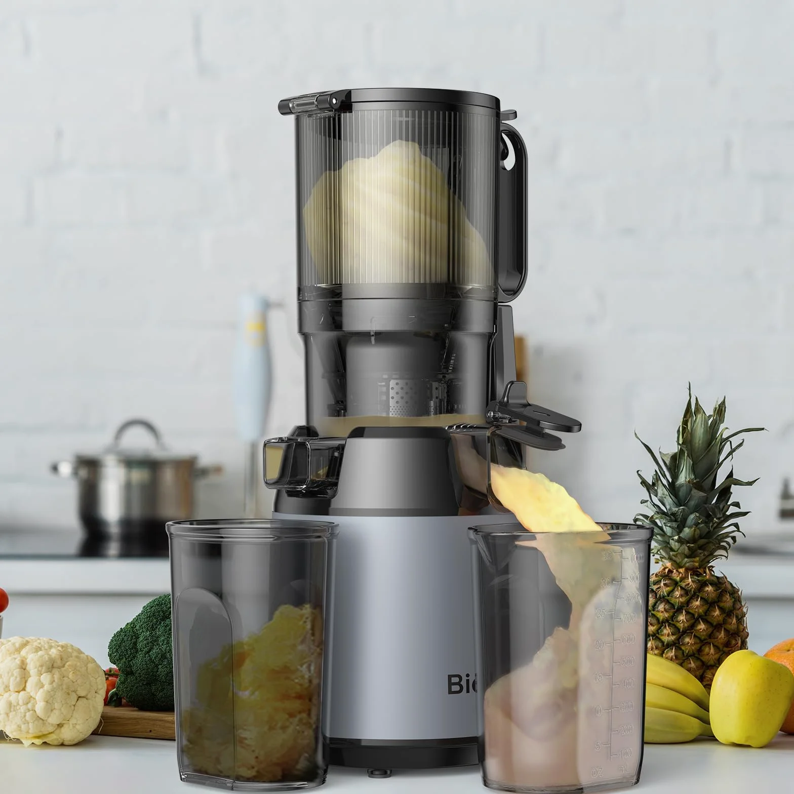 Exprimidor de Prensa en Frío, BioloMix Exprimidor de Masticación Lenta con 13CM Extra Large Feed Chute Fit Whole Frutas y Verduras con Triple Filtro, Fácil de Limpiar, BPA Free 250W DC Motor | Conducto de alimentación extra grande de 13 cm, para frutas y