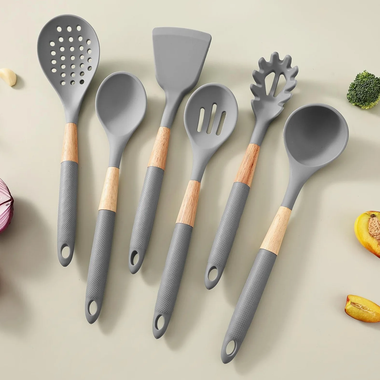Utensilios de Cocina de Silicona Set de 7 Piezas con Mango Largo, | Cucharas de Cocina, Cucharón y Espátula para Hogar, Apartamento, Restaurante, Camping, Cocinar,