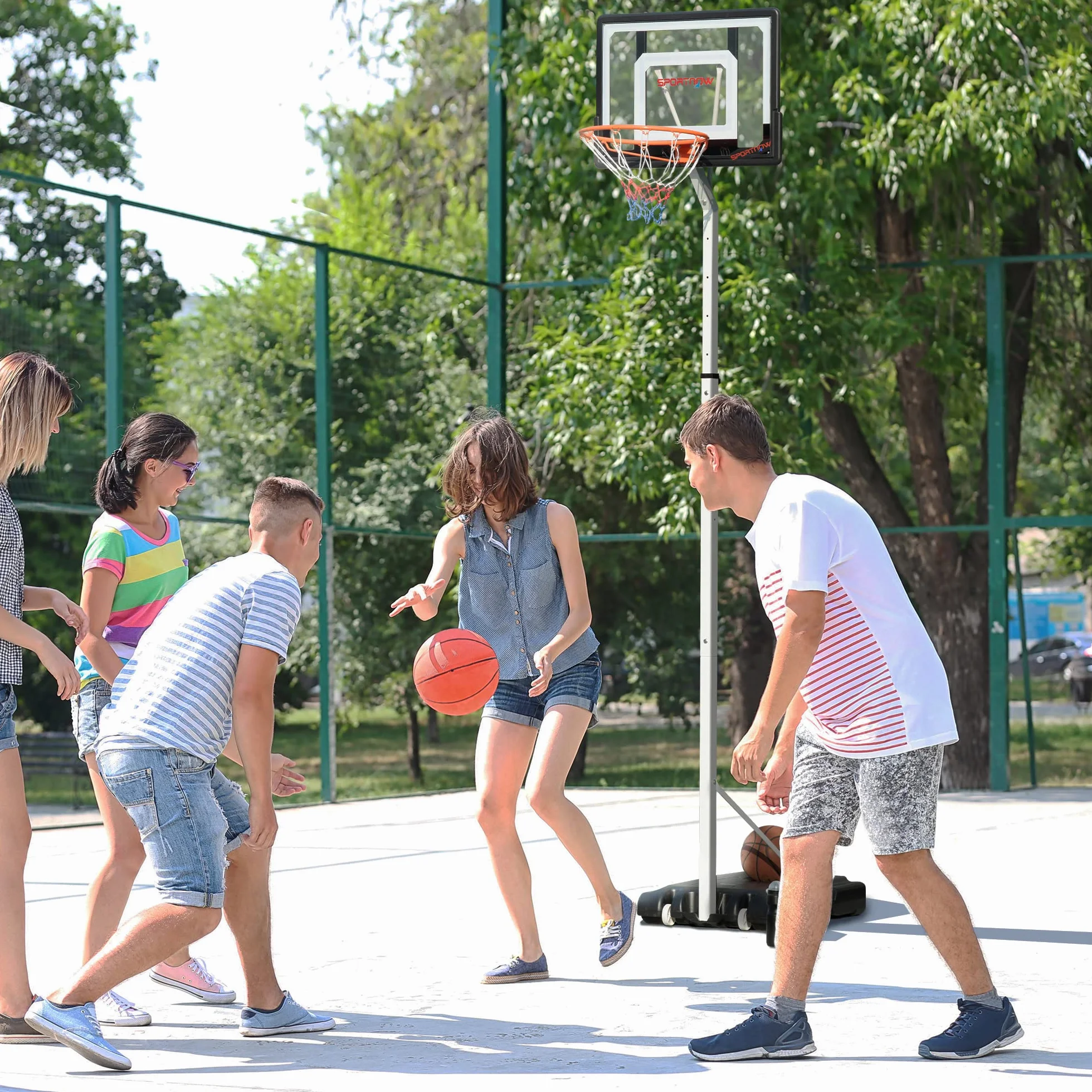 SPORTNOW Canasta de Baloncesto con Ruedas Altura Ajustable 245-305 cm Aro Portátil Tablero PVC Base Rellenable Exteriores 90x83x310-360 cm Blanco
