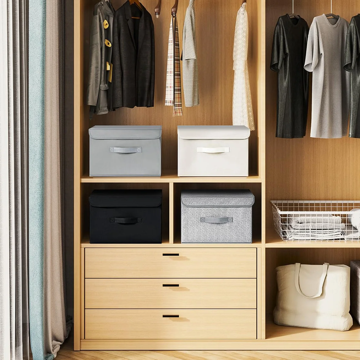 DIMJ 4 Piezas Cajas Organizadoras con Tapa Cajas de Almacenamiento Plegables Fabricadas en Tela con Asas Ideal Para Guardar Ropa, Zapatos, Ideal Para Guardar Juguetes, Ropa Y Cachivaches, Negro