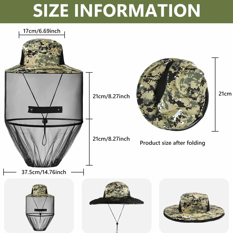 Sombrero Antimosquito, Mosca Máscara Sombrero con Cabeza Net Malla, Aire Libre Pesca Sombreros, Gorro Mosquitera Rostro y Cuello, Sombrero de Apicultura para Senderismo Aire Libre Camping Pesca
