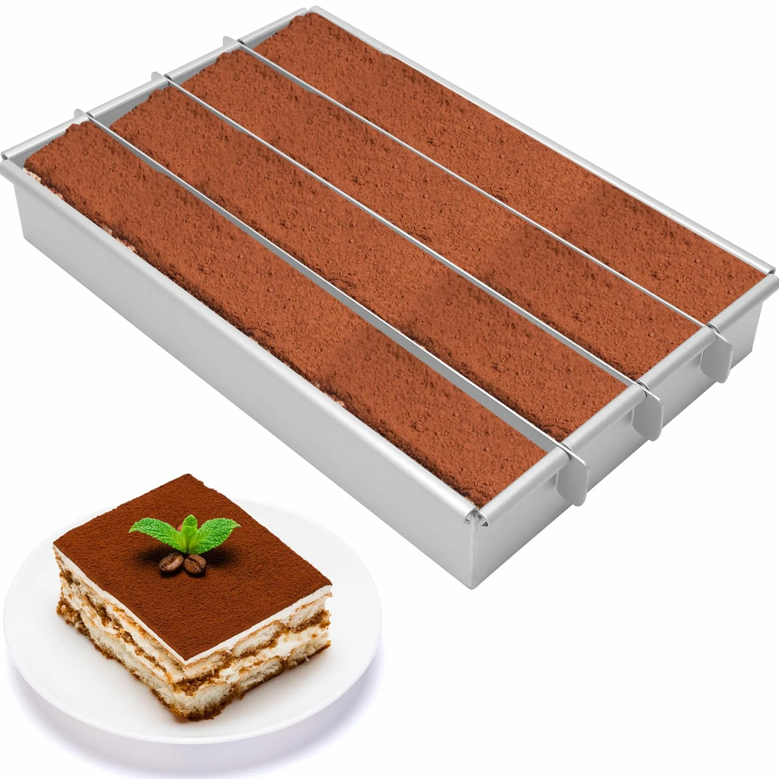 Gohytal Molde para hornear rectangular, ajustable, rectangular, de aleación de aluminio, con 4 compartimentos, molde rectangular para tartas, tostadas, panes, hornear, tartas en capas, tiramisú