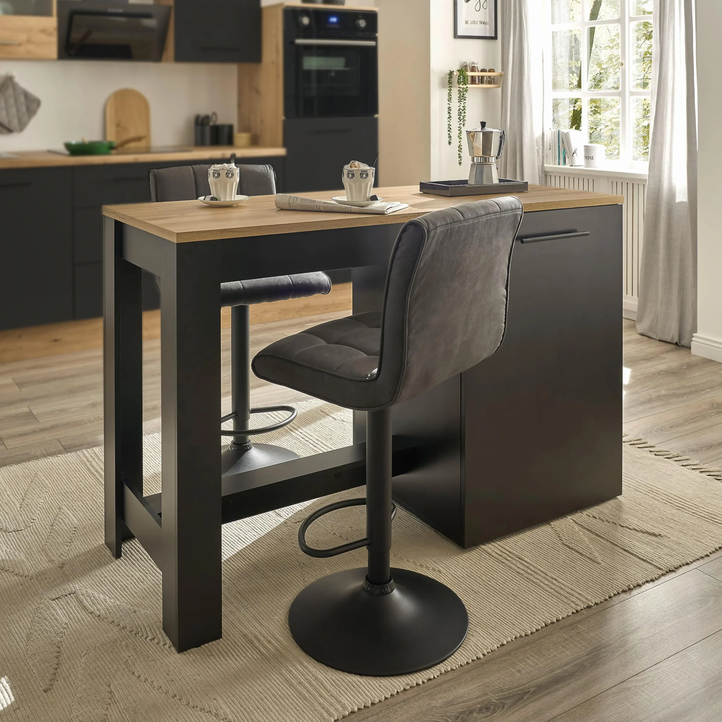 Stella Trading ADON Moderna Independiente Mate, Aspecto Artesano-Espaciosa Isla de Cocina con encimera, Madera de ingeniería, Negro Black Artisan Roble, 138 x 91 x 56 cm