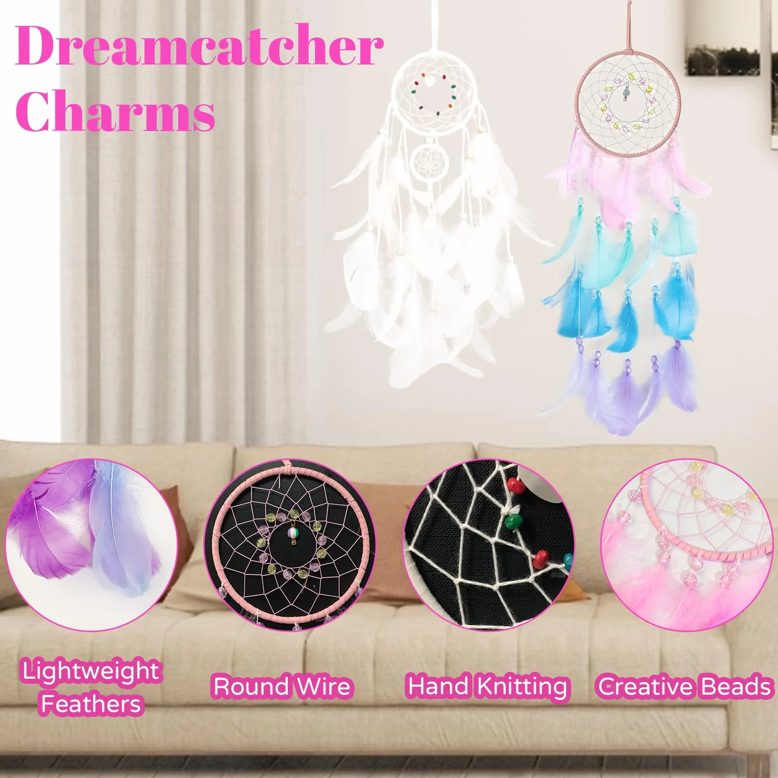 2 Piezas Atrapasueños para Niños, Dreamcatcher con Plumas Blanco y Rosa, Atrapasueños Bohemio Hecho a Mano, Atrapasueños para Colgar en la Pared, Decoración del Hogar