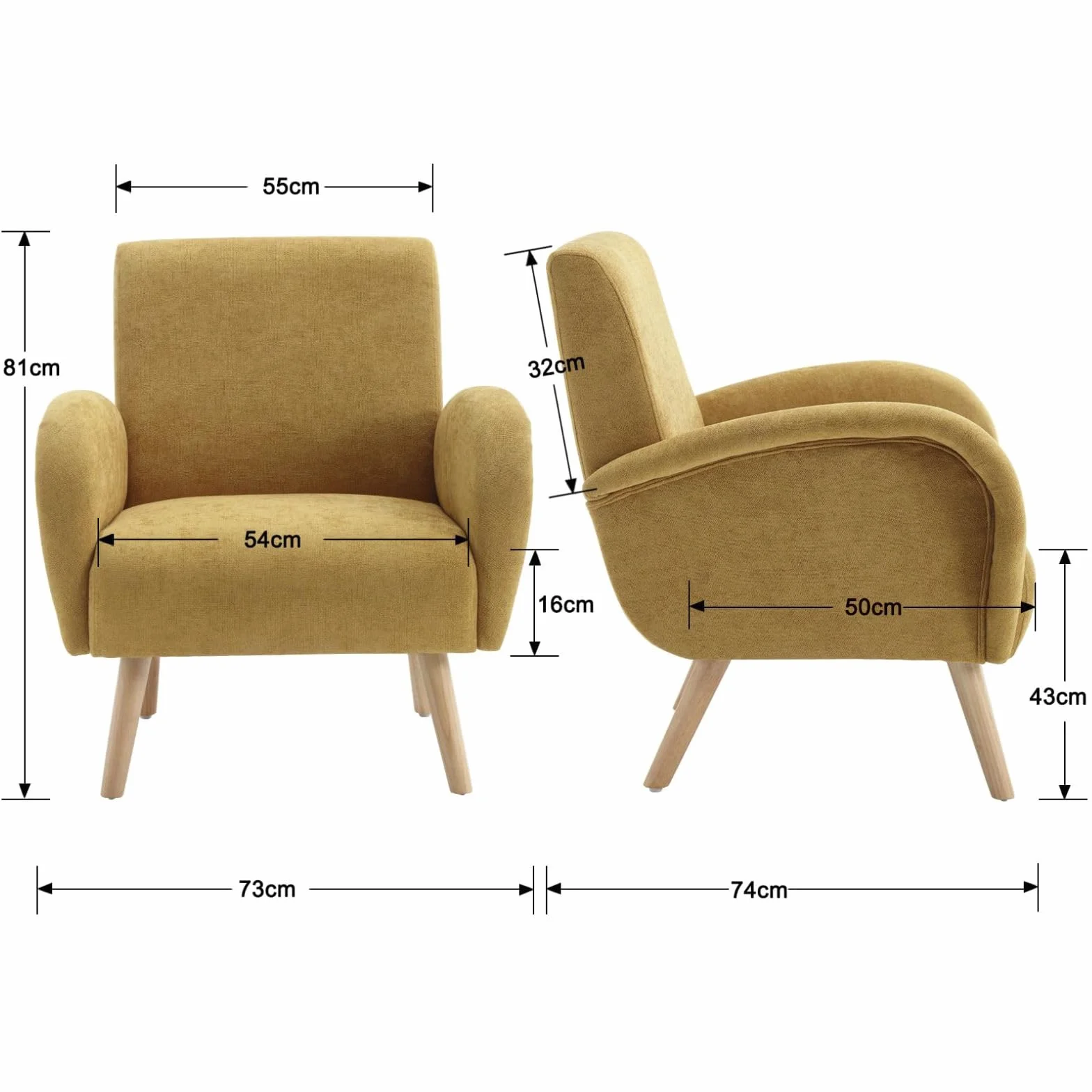 Ya-Home Sillon Individual Moderno Butaca de Salón Tapizado en Chenilla,Silla Relax con Reposabrazos Minimalista Silla de Ocio con Patas Maderas para Dormitorio/Habitación,Amarillo