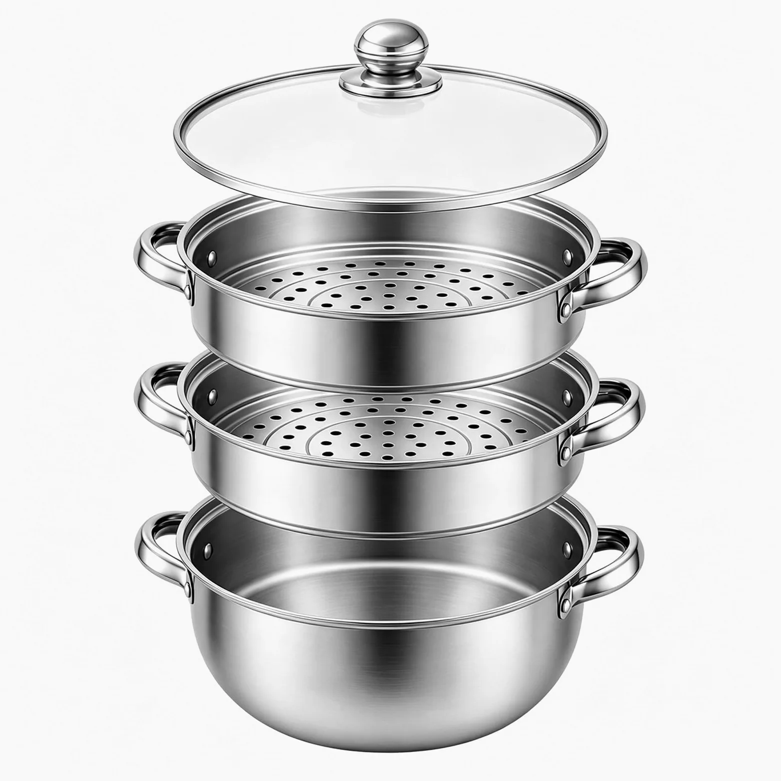 Olla para cocinar al vapor con tapa, 28 cm, acero inoxidable, con inserto de vapor, 3/4 niveles (3 pisos)