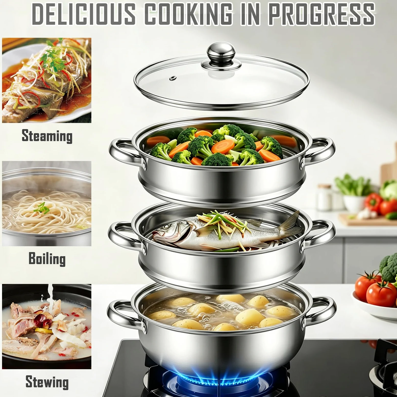 Olla Vaporera 28cm – Cocción al Vapor en Acero Inoxidable de 3 Niveles con Tapa de Vidrio – Para Sopas, Verduras, Pastas y Mariscos – Apt para Inducción y Lavavajillas