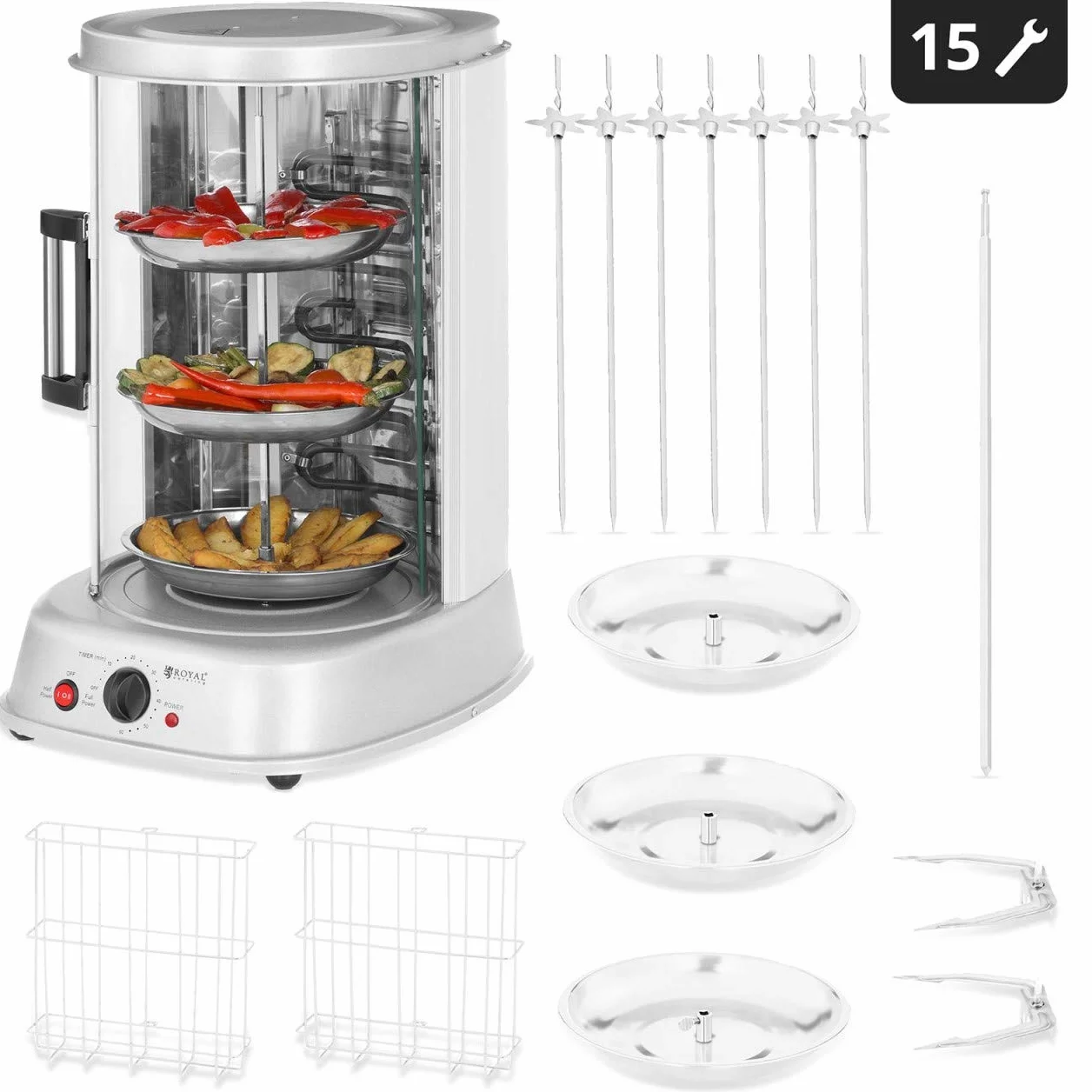 Royal Catering Asador Vertical Giratorio Grill RCGV-1800 (4-in-1, 1.800 W, Temperatura hasta 160 °C, Temporizador 60 min)