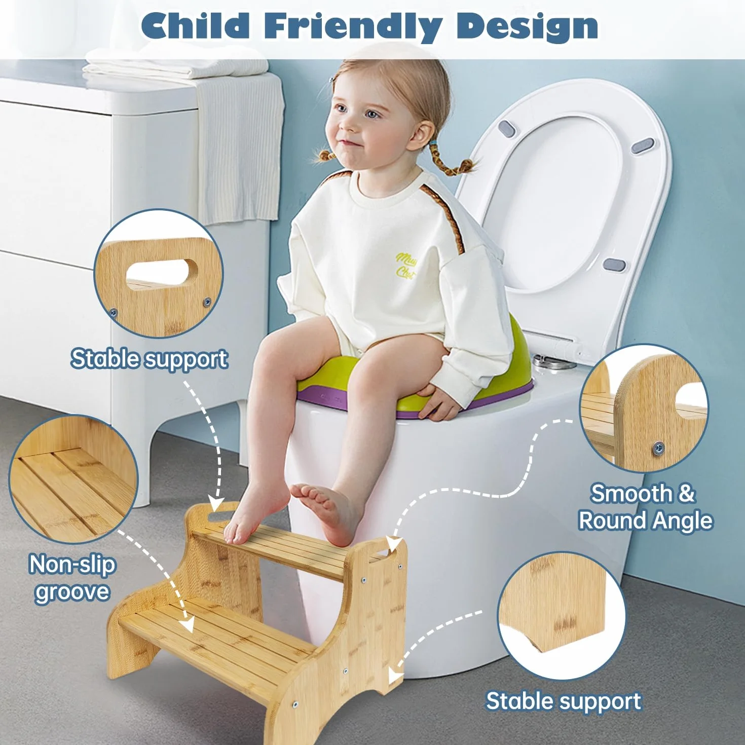 Taburete Infantil Bambú 2 Peldaños 80 kg Antideslizante Asas Portátiles