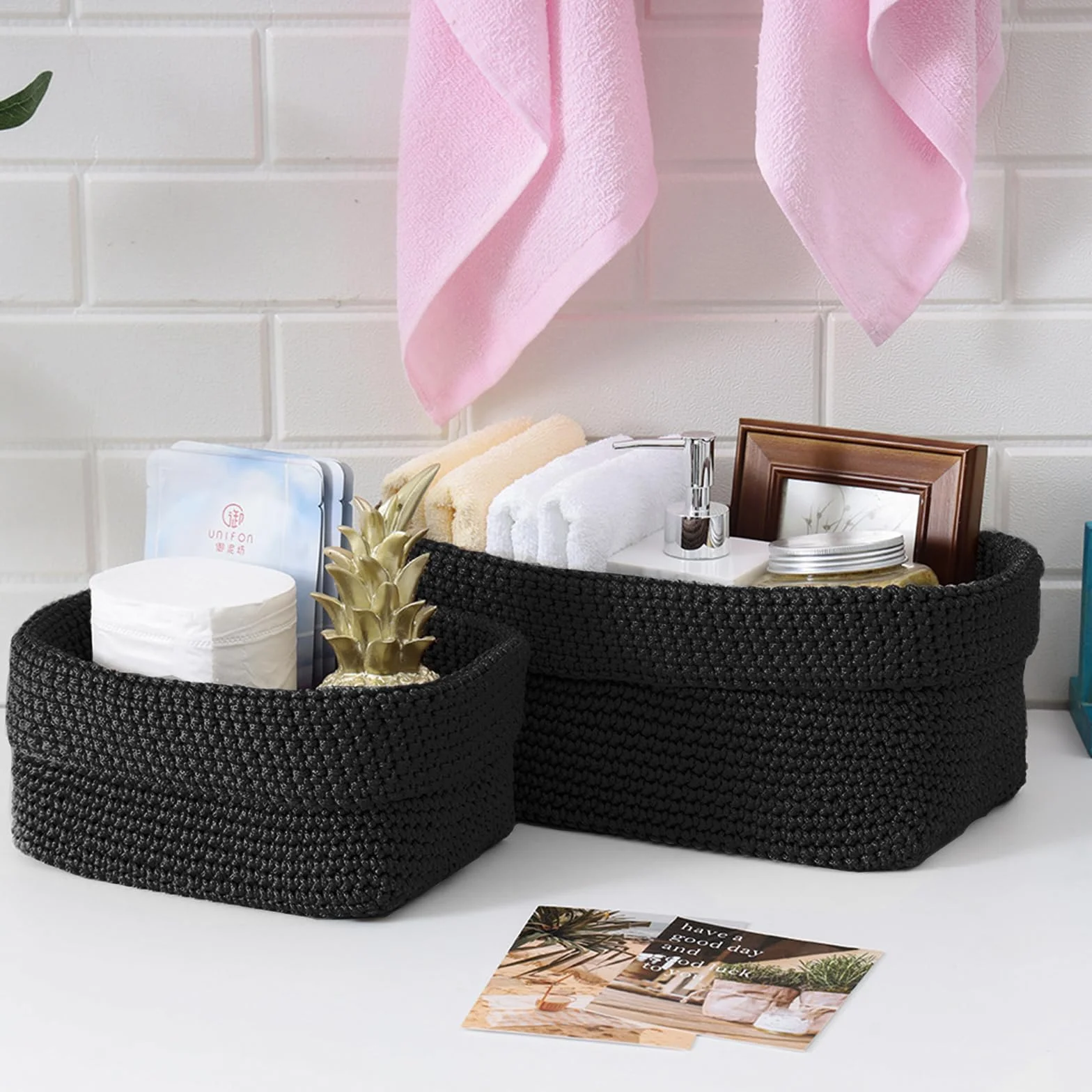 Cestas Almacenaje Tejidas a Mano 2Pcs, Cesta Organizadora Pequeña para Baños Cocinas Salones (Negro)