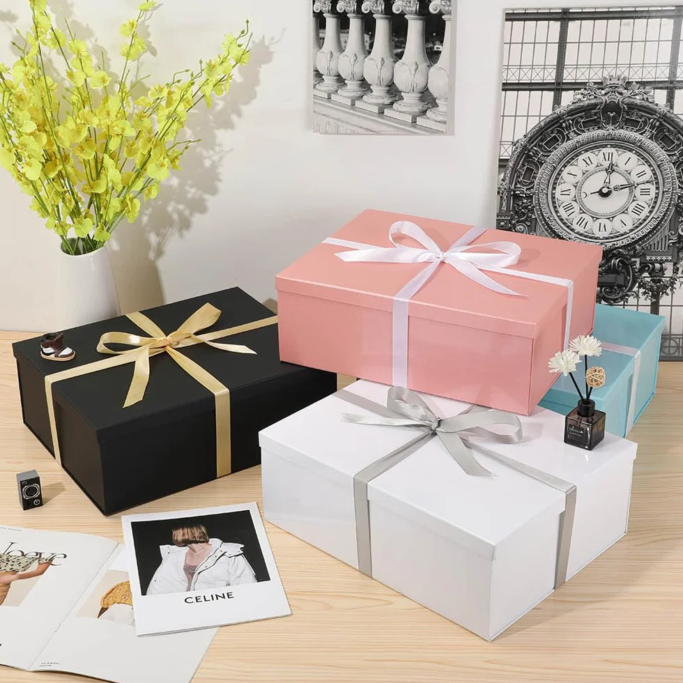 Caja de regalo grande Negro con tapa 42 x 32 x 15,5 cm, Cajas de Regalo Premium con Tapa y Cinta para Regalos de San Valentín, Navidad Incluye Papel seda triturado Tarjetas sobre