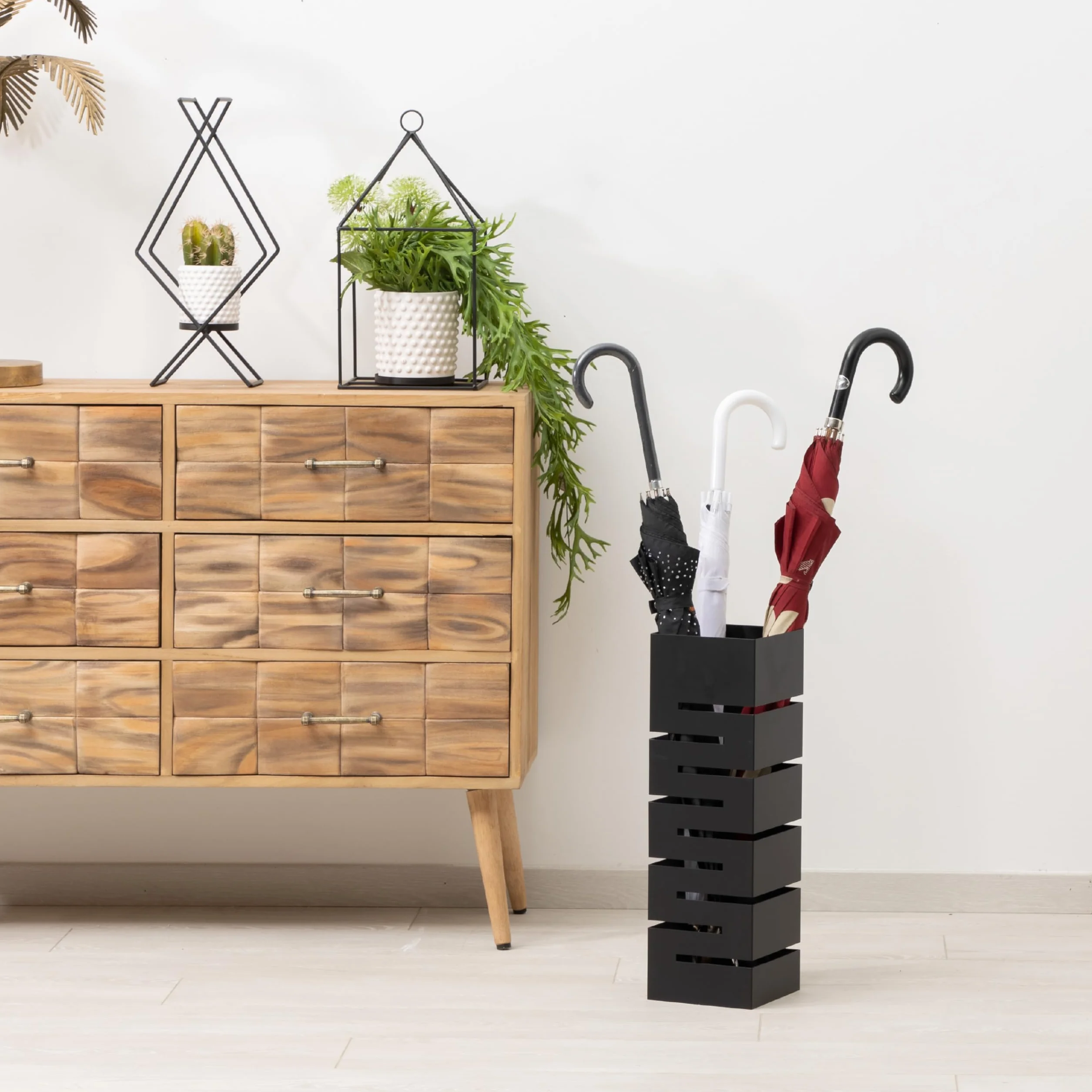 Baroni Home Paragüero Moderno Diseño Moderno con Tallado de Lluvia, Paragüero original con Gancho y Bandeja de Goteo Extraíble para Decorar el Hogar y la Oficina 15,5x15x49 cm (Negro)