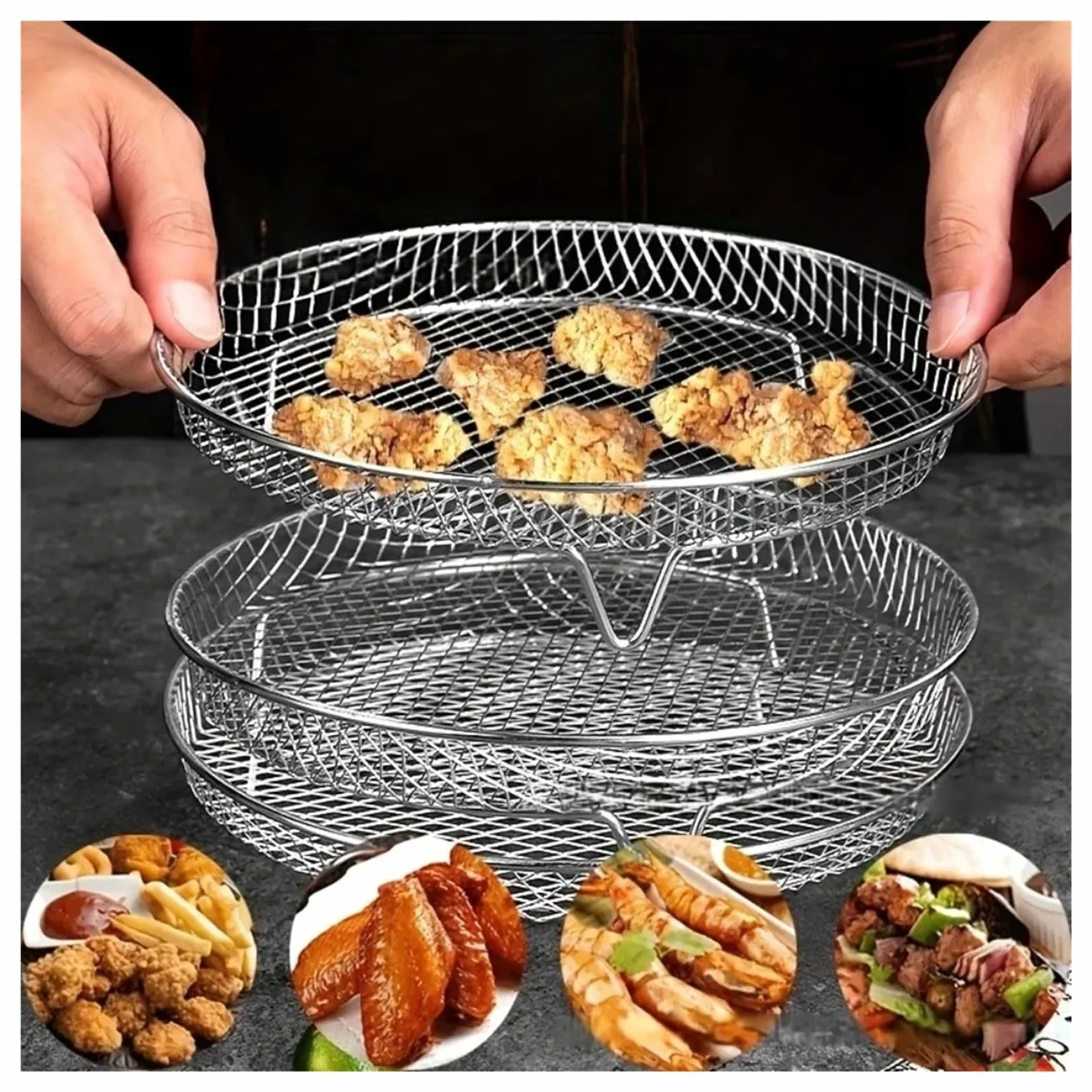 Genérico Juego de Rejilla for freidora de Aire de 3 Piezas for Cocina | Acero inoxidable, apilable, vaporizado y secado.