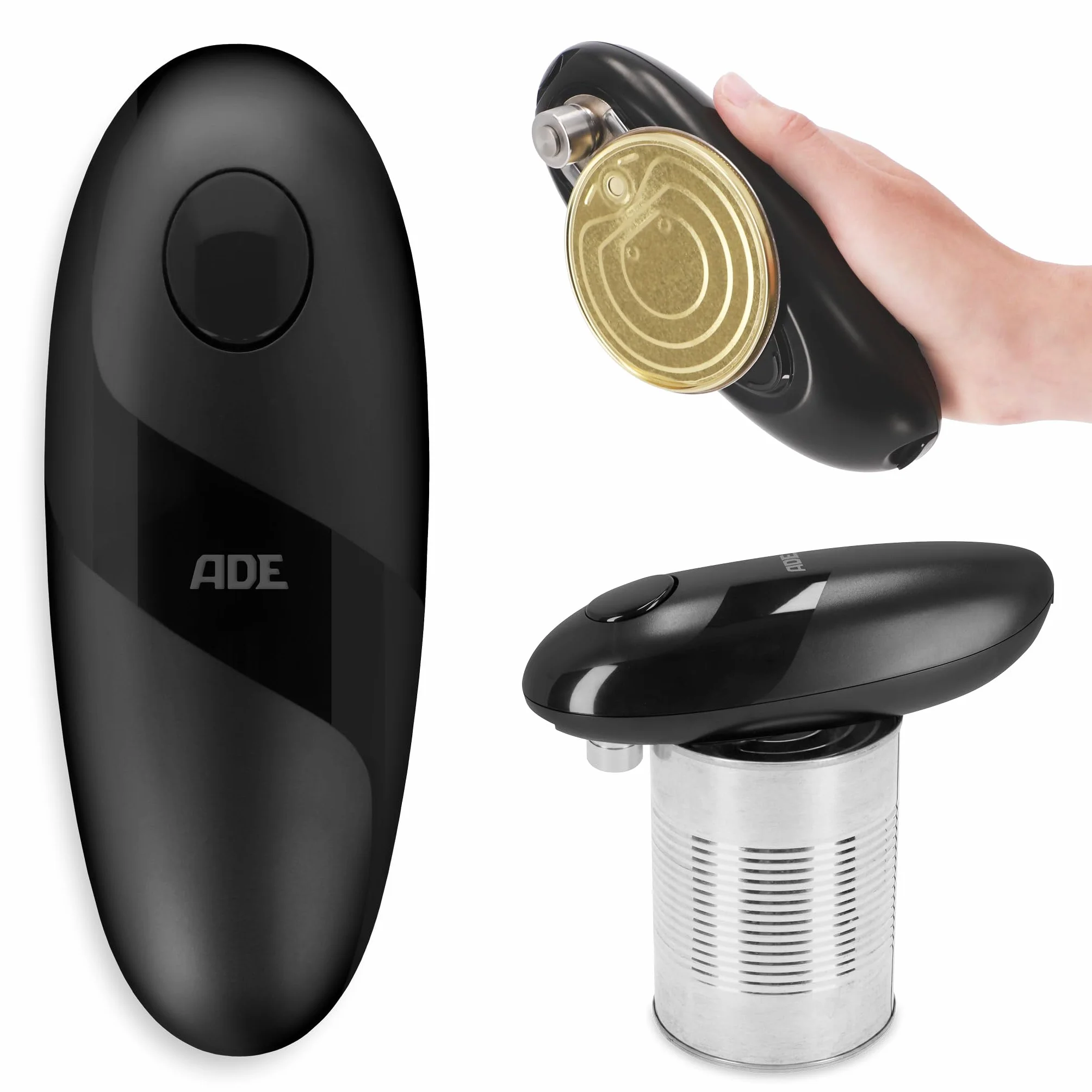 ADE Abrelatas eléctrico | abridor de botes sin esfuerzo | perfecto para personas mayores | práctico abridor de latas con imán y gancho | sin bordes afilados | pilas incluidas
