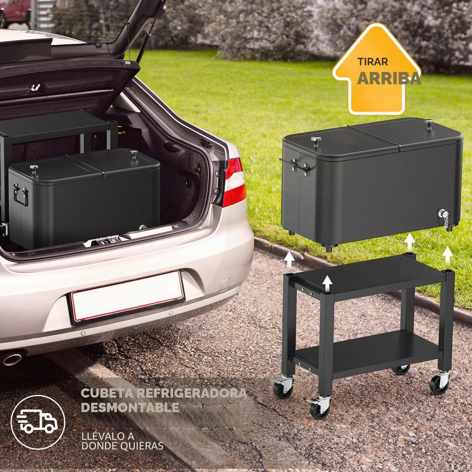 Bonnlo Carro de Servicio de 57L con Ruedas, Carro Auxiliar, Enfriador de Patio, Caja de Enfriamiento, Enfriador de Bebidas con Abrelatas, Ideal para Fiestas y BBQs, 35,5 X 66 X 81 cm, Negro