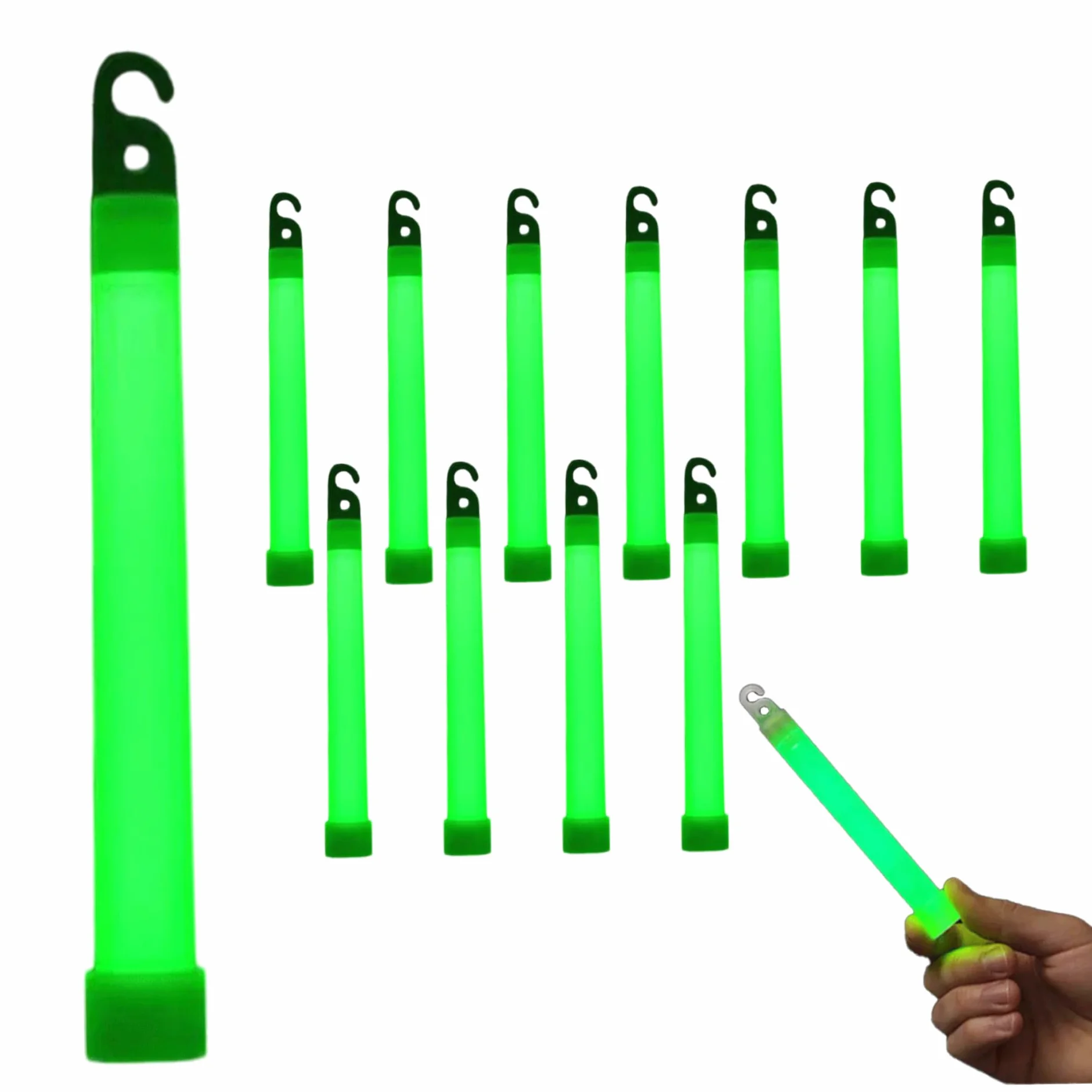 Survival Glow Sticks 12pcs 6 Aguas resistentes a brillos gancho colgante 12h para acampar fiesta emergencia verde claro