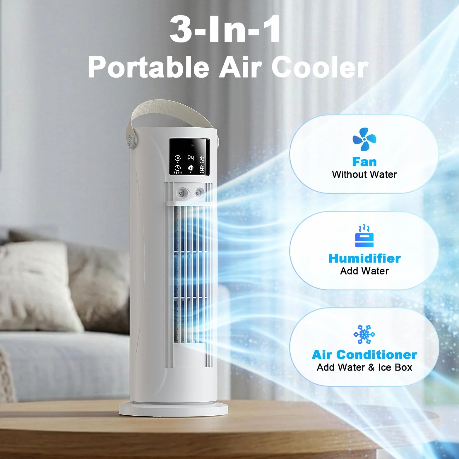 Aire Acondicionado Portátil – Mini Aire Acondicionado con Función de Refrigeración y Humidificación, 4 Niveles de Temporizador, Salida de Aire Oscilante de 120°, Oficina, Dormitorio（Blanco perla）