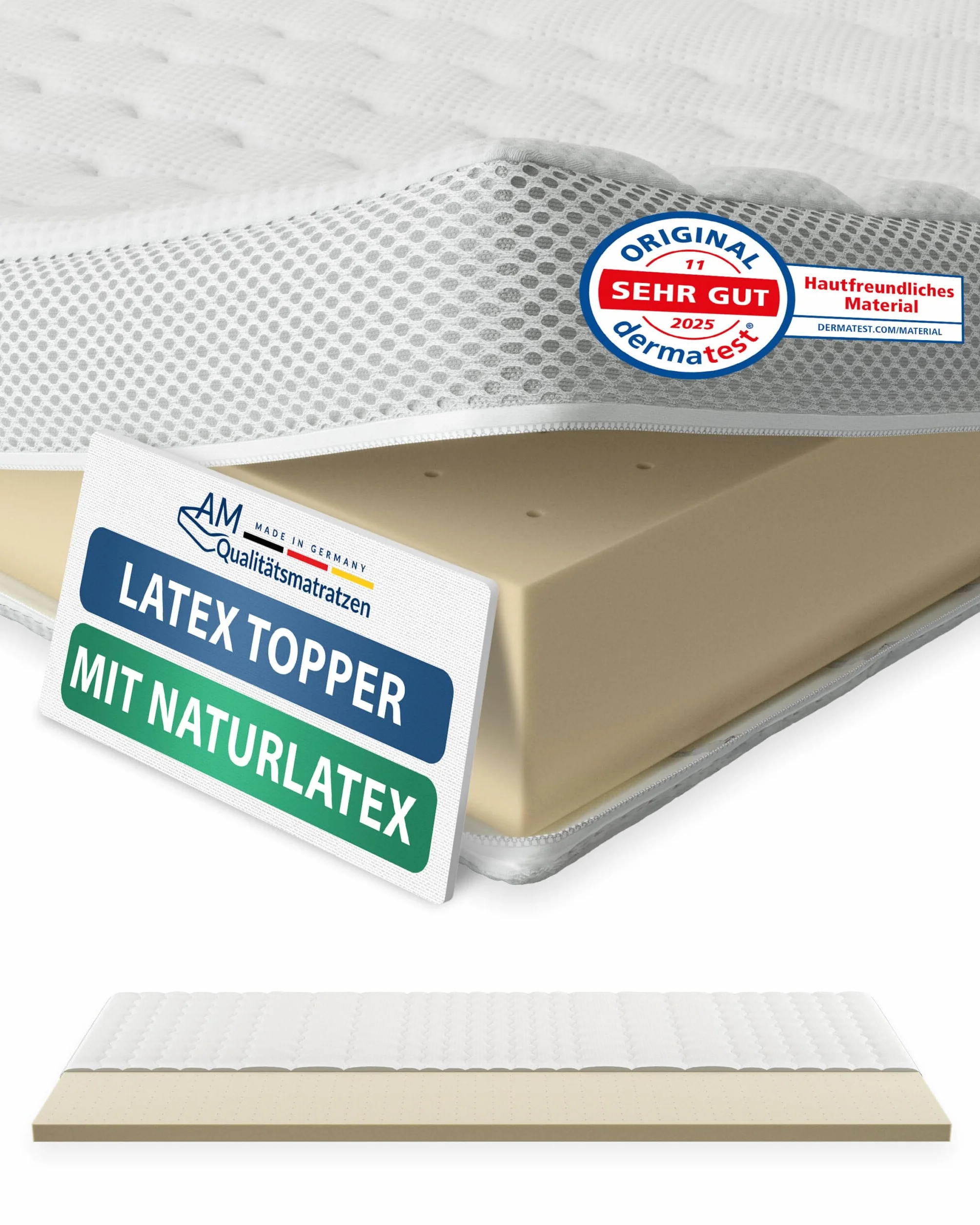 AM Qualitätsmatratzen Topper Latex Premium - Topper 150x190 Made in Germany - Sobrecolchon de látex Natural y Transpirable - 6 cm - Cubre colchon con Funda de Lyocell y función Antideslizante