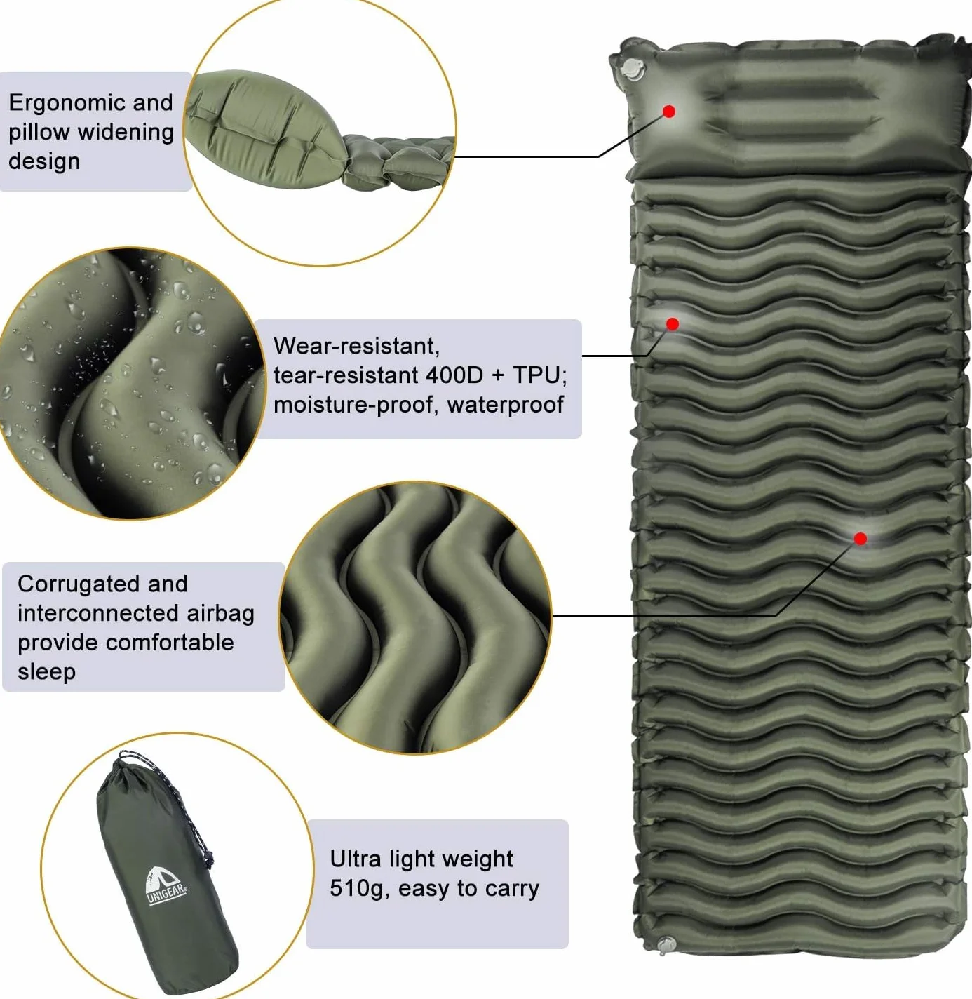 Unigear Esterilla Inflable Portátil Colchón de Aire para Camping Ultraligero Resistente