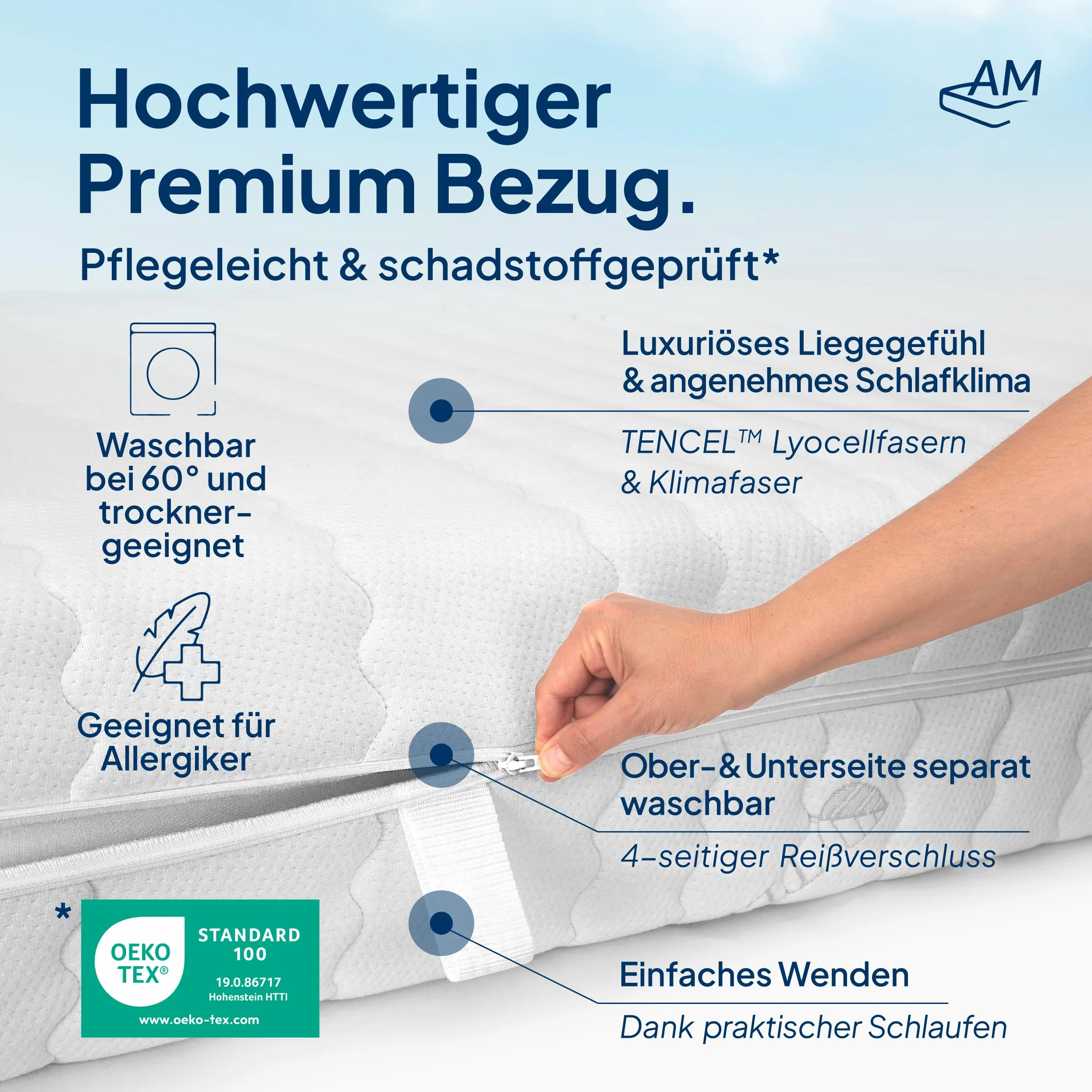 AM Qualitätsmatratzen Colchón 180x220 muelles ensacados Deluxe - firmeza Media - colchón muelles ensacados 180x220-1000 muelles y Funda Lyocell - 24 cm de Altura y 7 Zonas - Certificado Oeko-Tex